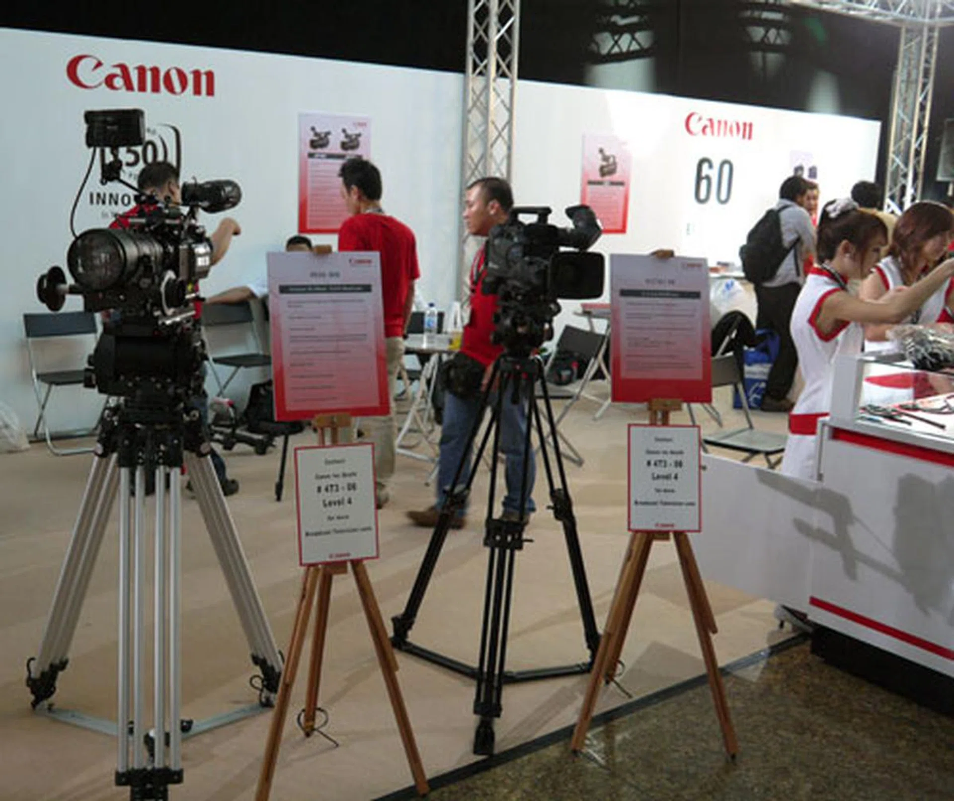 Canon's FK30-300 HD-EC CineZoom lenses (extreme left) are one of many professional broadcast lenses on display at the third level of the Convention Center. These high contrast lenses also feature a 11-blade iris deployed in both lenses to achieve a natural bokeh with out-of-focus highlights.  