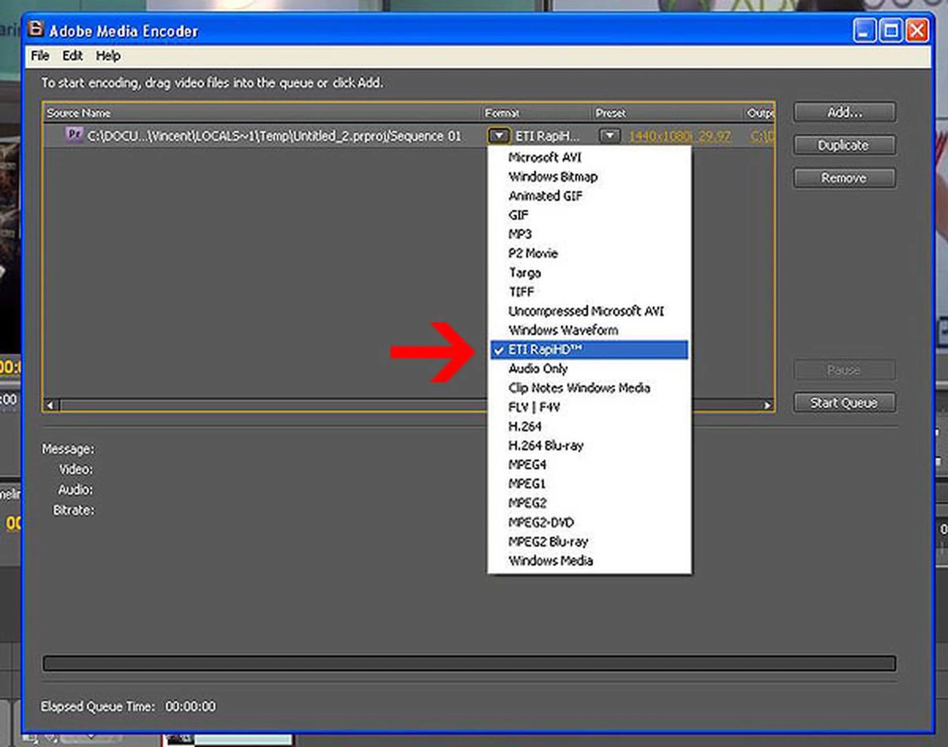 Elemental Technologies' RapiHD plugin for Adobe Premiere Pro CS4 only appears as a selection once you get to the encoding phase. It's also only present if you have installed the plugin and have a Quadro CX card in your system.