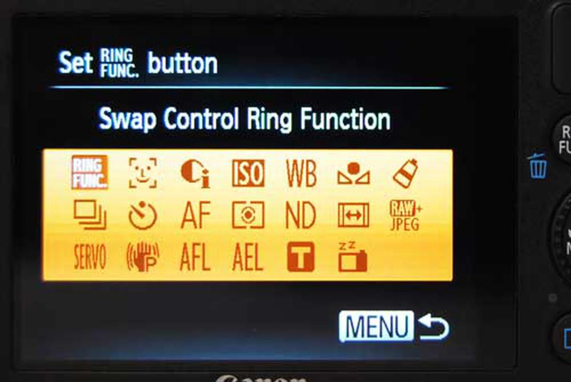 The Ring Func. button can be customized to trigger any of these commands.