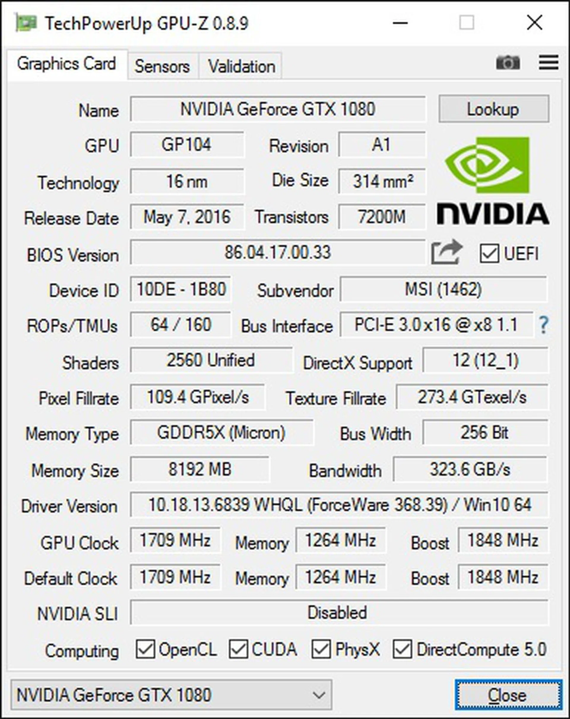 MSI GeForce GTX 1080 Gaming X 8G GPU-Z