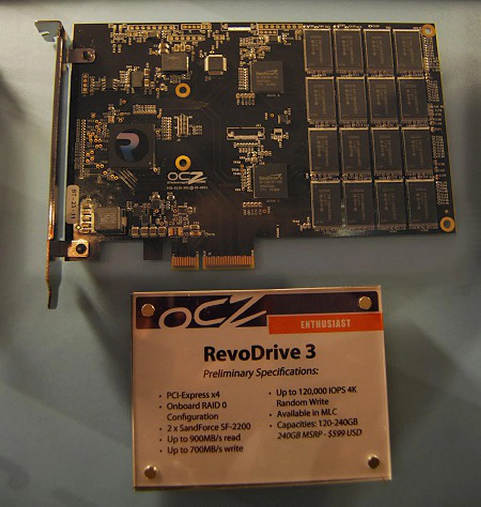 As if the RevoDrive PCIe based storage solution wasn't fast enough, they came up with RevoDrive X2 using four SandForce SF-1200 controllers. Coming soon is this new RevoDrive 3 - using just two SandForce SF-2200 controllers, it's able to deliver faster read/write speeds than the old X2 model and go toe-to-toe with the number of IOPS.