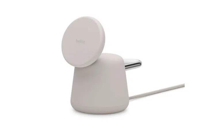 The Belkin BoostCharge Pro 2-in-1 wireless charging dock with MagSafe can charge the iPhone or AirPods, and the Apple Watch.