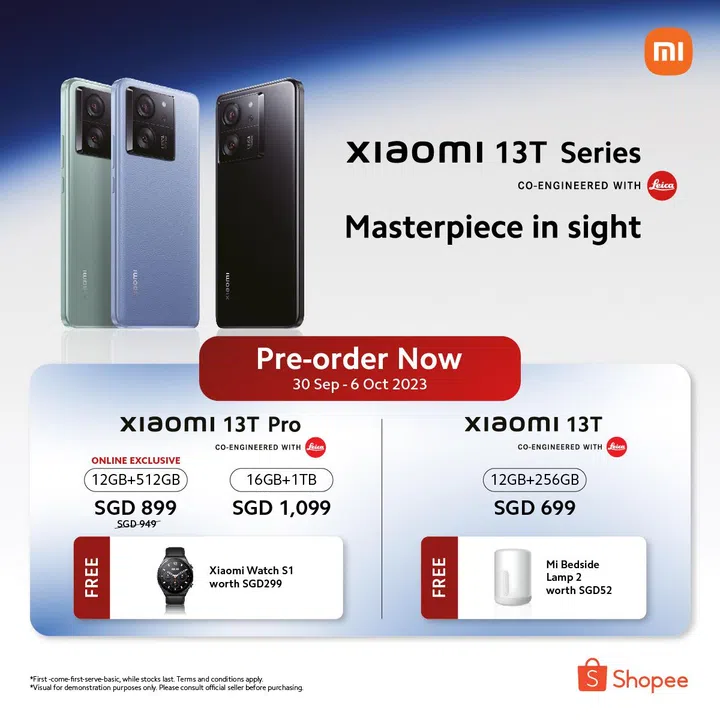 Xiaomi 13T and 13T Pro promotions for pre-ordering at its Shopee storefront.