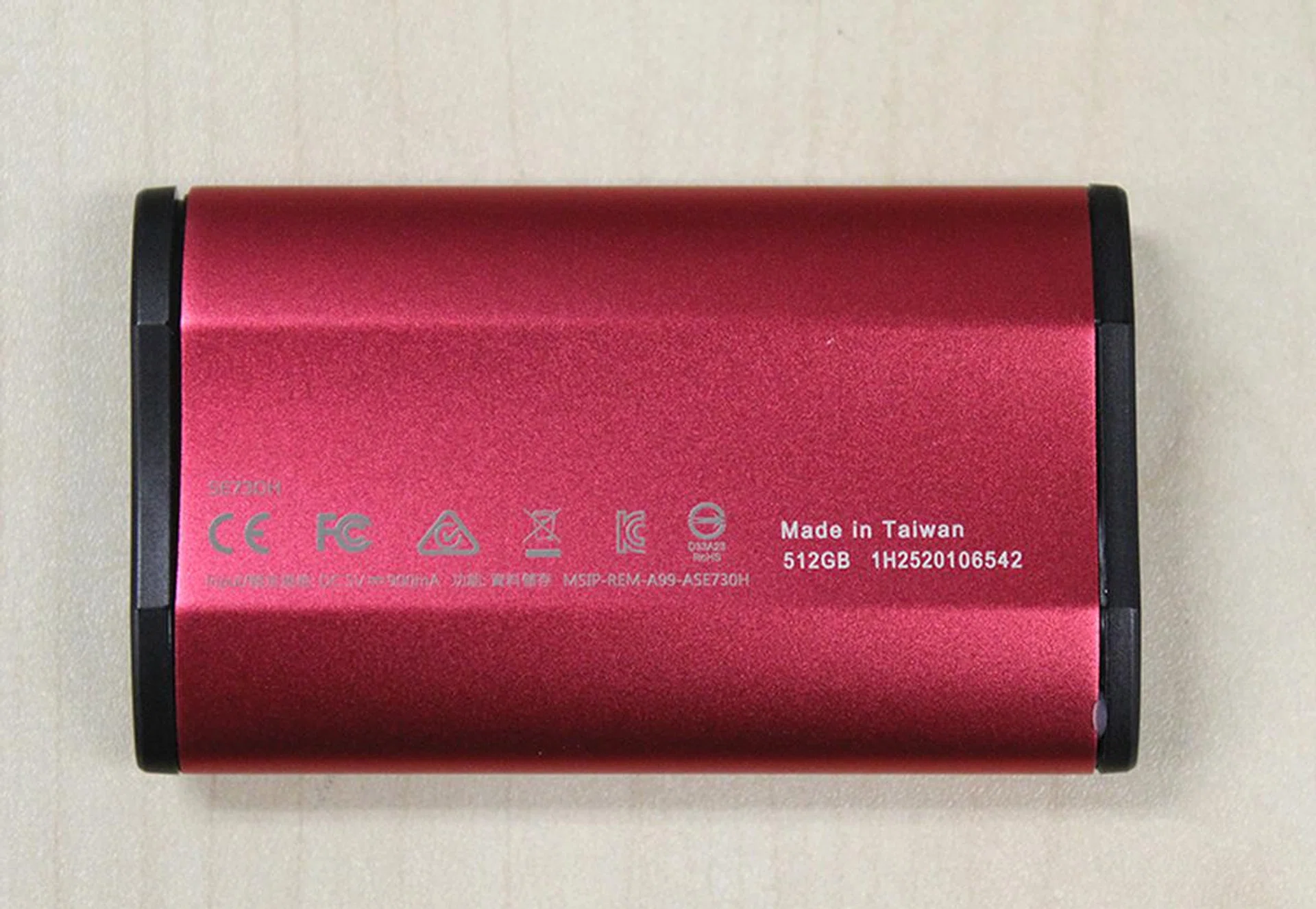 On the back of the drive are regulatory markings. Proudly made in Taiwan.