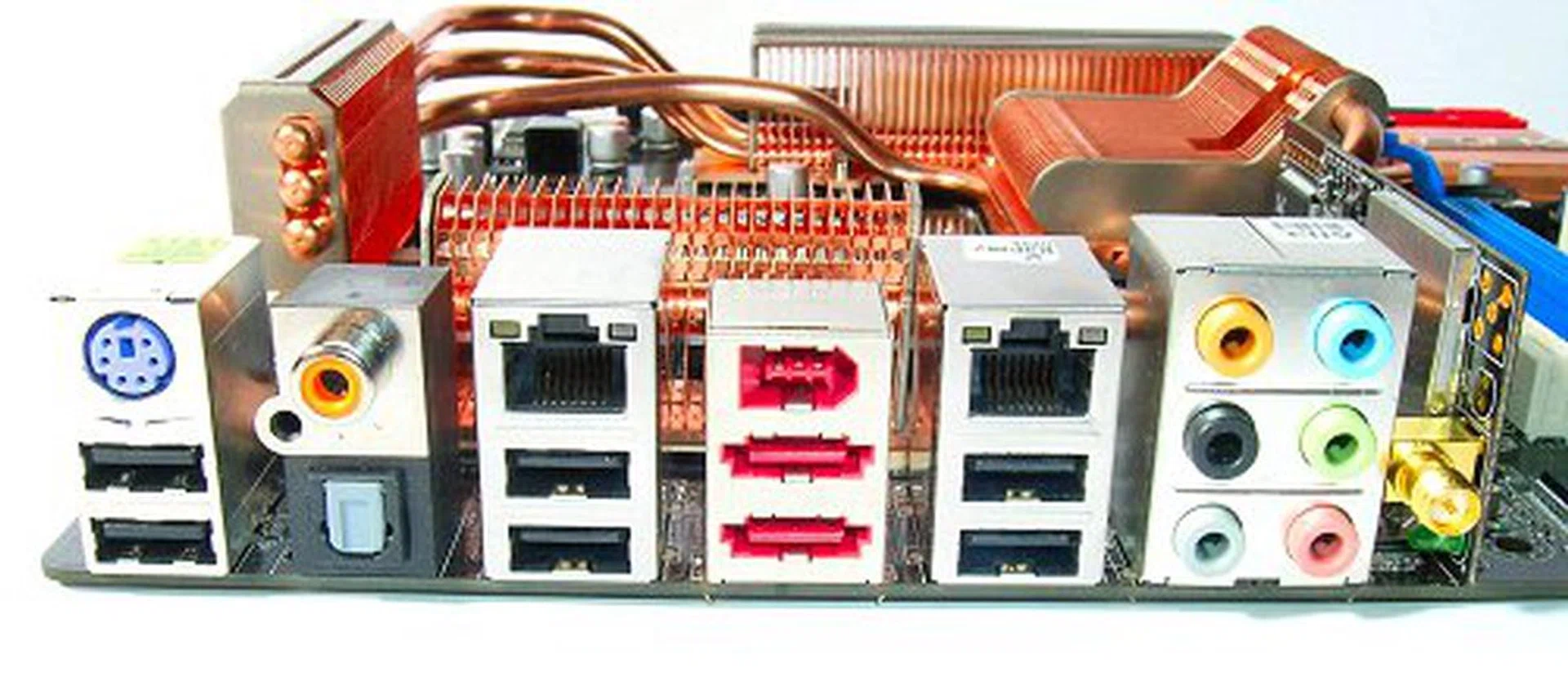 Rear panel features one PS/2 keyboard port only, no PS/2 mouse here. You will have to use a USB mouse. There are six USB 2.0 ports, dual RJ-45, FireWire, two dedicated eSATA ports, coaxial and optical S/PDIF for digital audio, 8-channel analog audio jacks and a Wireless LAN antenna connection.