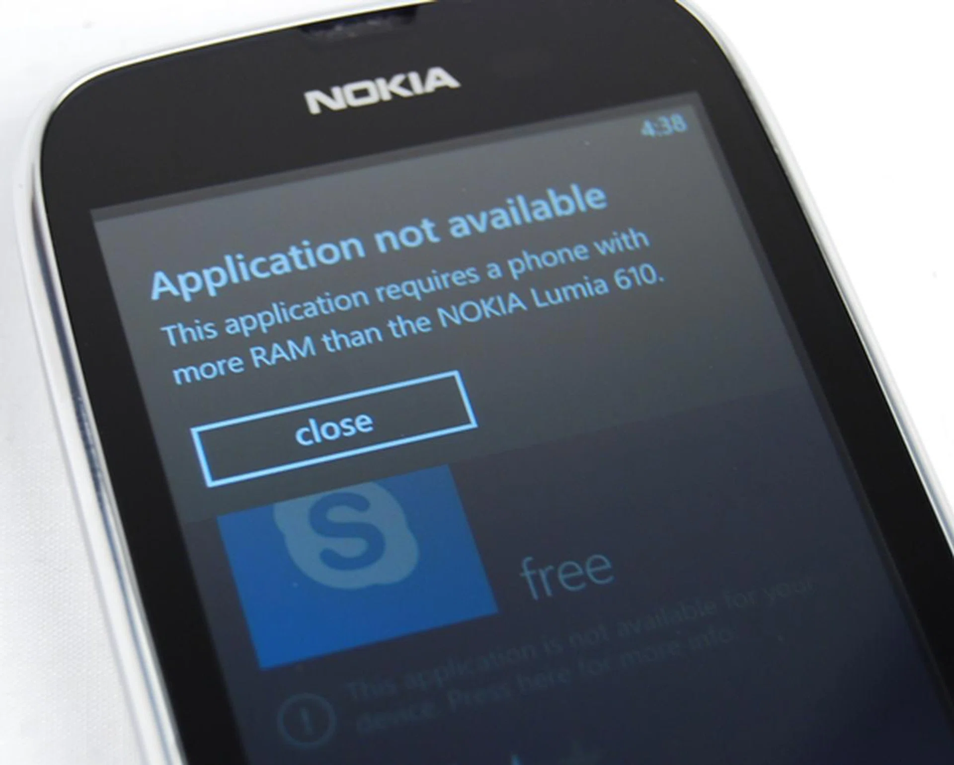 Skype is one of the five percent of apps in the Windows Marketplace that cannot be downloaded on the Nokia Lumia 610 or future Tango devices of similar specs.