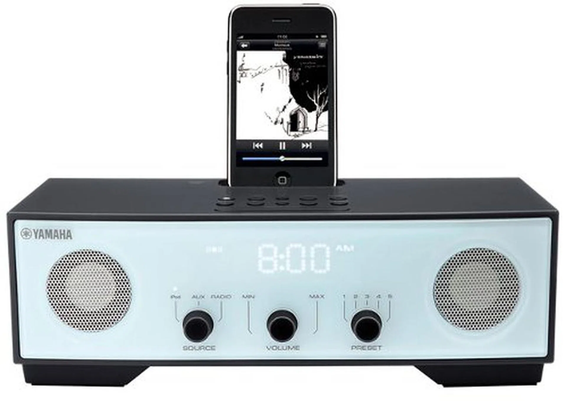 The Yamaha TSX-80 does not follow the trend of the garish colors that other speakers seem to be following. Also clearly visible here are the controls for volume and source selection.