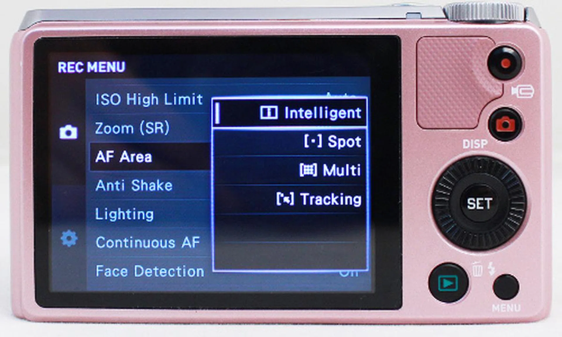 While almost all the commonly-used settings can be accessed via the Set button during shooting, it's odd that the option to set your AF area can only be accessed in a sub-menu within the settings menu.