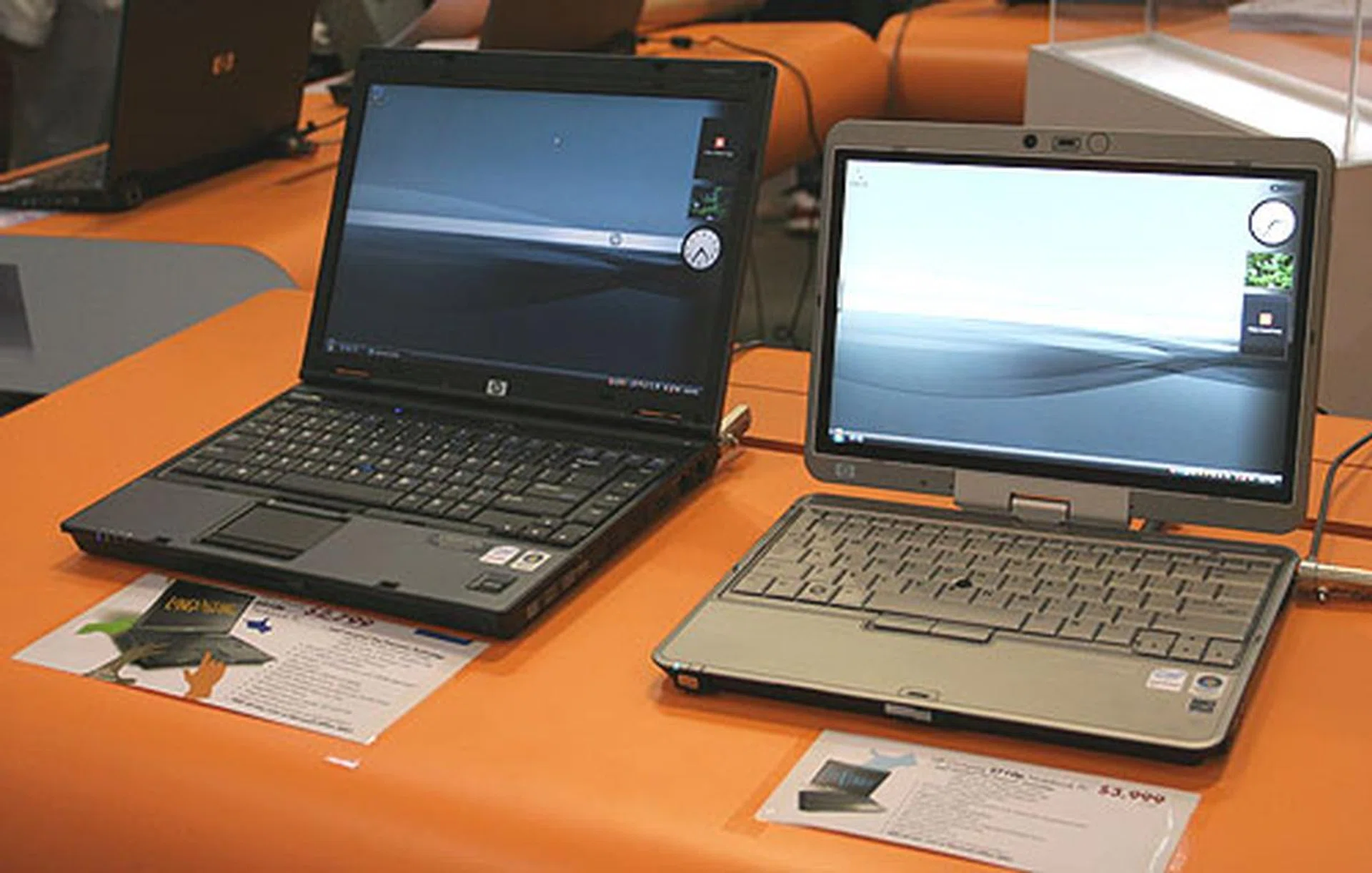  Suited for professionals, the HP Compaq 6910b (on the left) costs $2799 and comes with up to date features like a Core 2 Duo processor, 2GB of DDR2 RAM, TPM 1.2 security chip and a fingerprint sensor. Meanwhile, the other model here is the portable 12.1-inch HP Compaq 2710p, a lightweight tablet notebook with a Core 2 Duo processor and integrated X3100 graphics. However, its price tag of $3999 does seem rather excessive.  