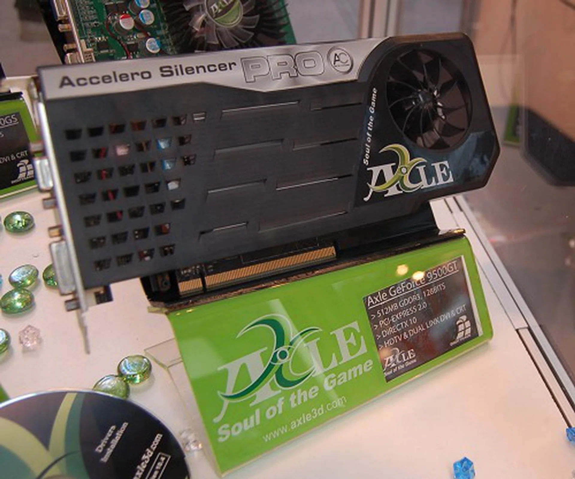  Would you have guessed that this is a GeForce 9500 GT? Quite a large cooler from Arctic Cooling keeps this mainstream Axle card operating as cool as possible. The card itself has standard specs and nothing out of the ordinary.  