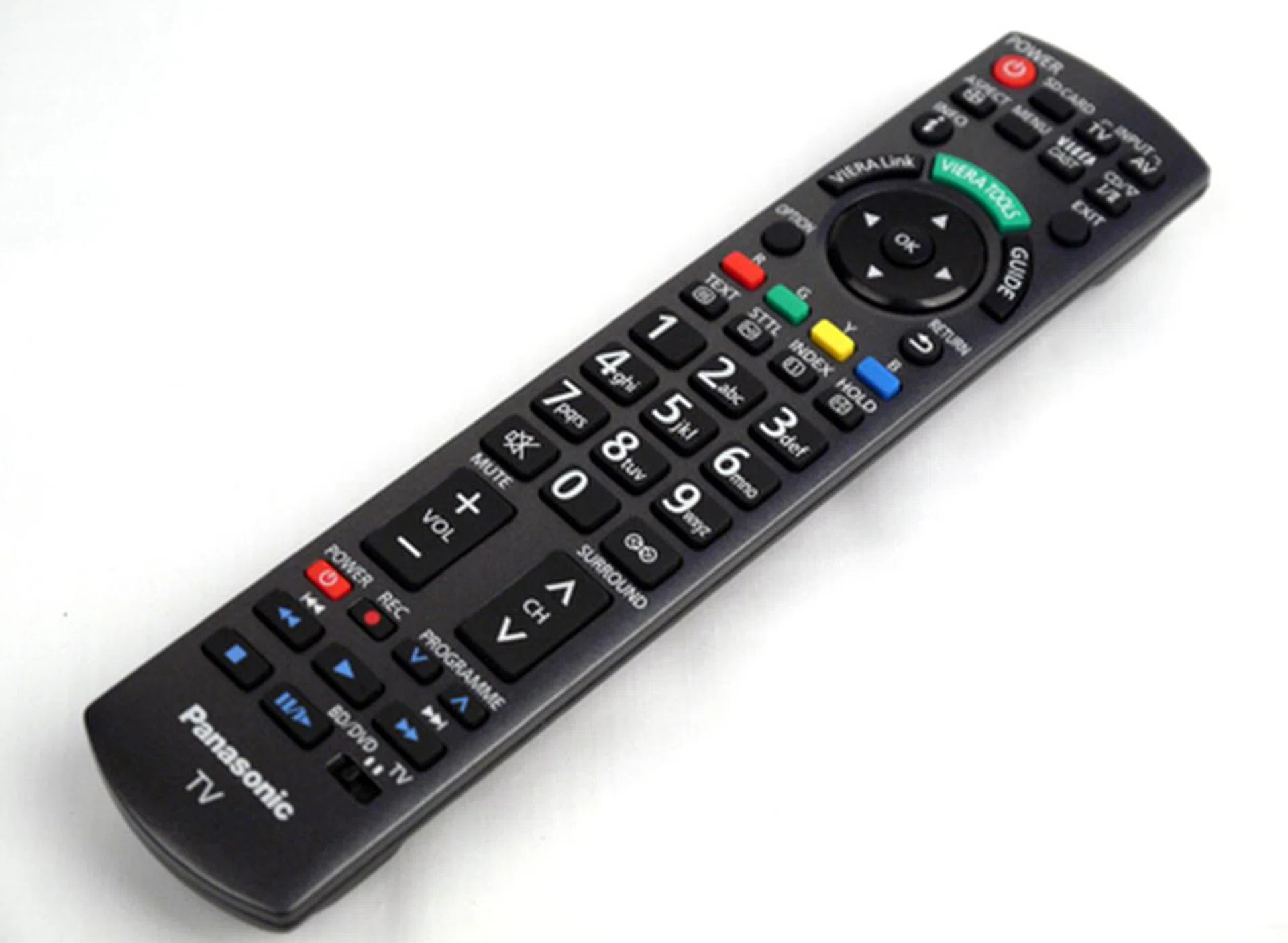 Panasonic's remote comes with roomy buttons and it also fits nicely into our hands. The toggle switch between BD player and TV can be found at the bottom right of the wand.
