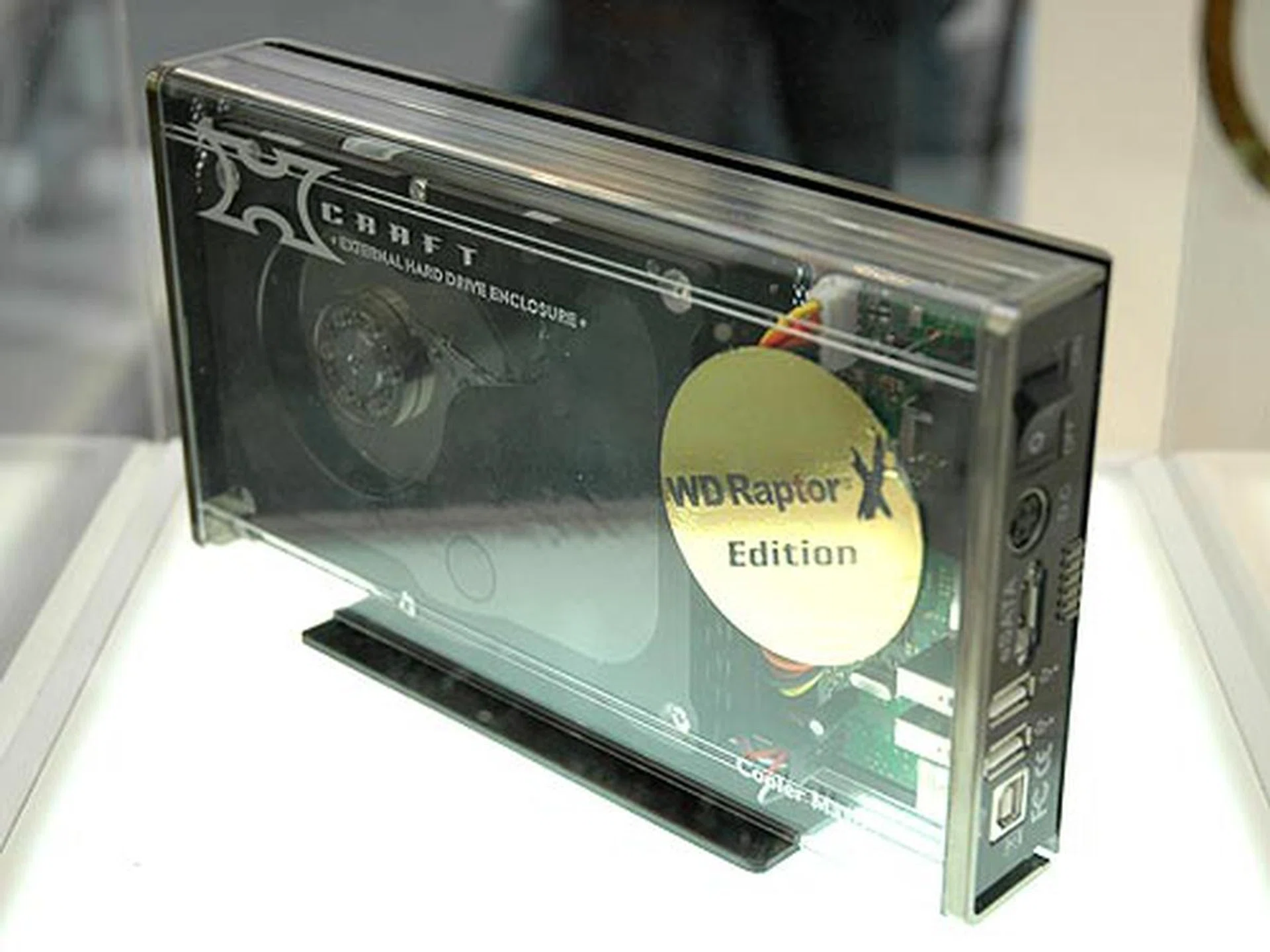 Cooler Master's external HDD enclosure known as the X Craft 350 comes with several interface options. Above is the chassis with a WD Raptor hard disk drive connected using eSATA. This particular model also features a USB 2.0 port for systems without the newer eSATA interfaces.