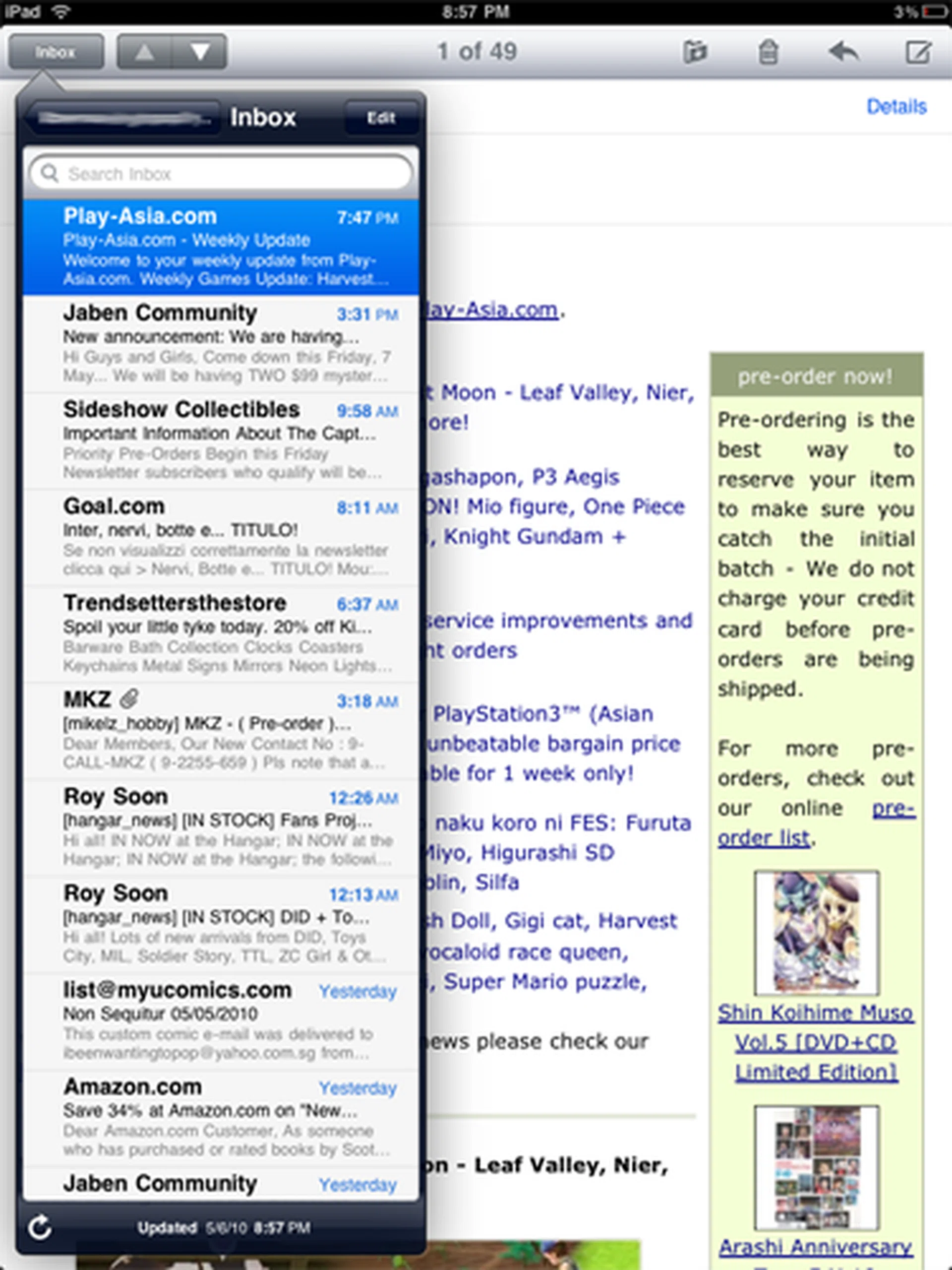 In portrait mode, the contents of the mail will take up the entire page, but you can still see your list of mails via a floating pop-up.