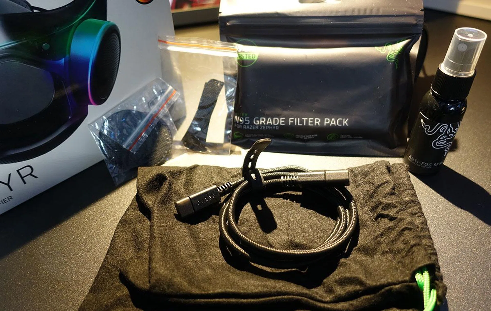 The package comes with an anti-fog spray, 3 sets of N95-grade filters and a carrying bag. Charging the Zephyr is via USB-C.
