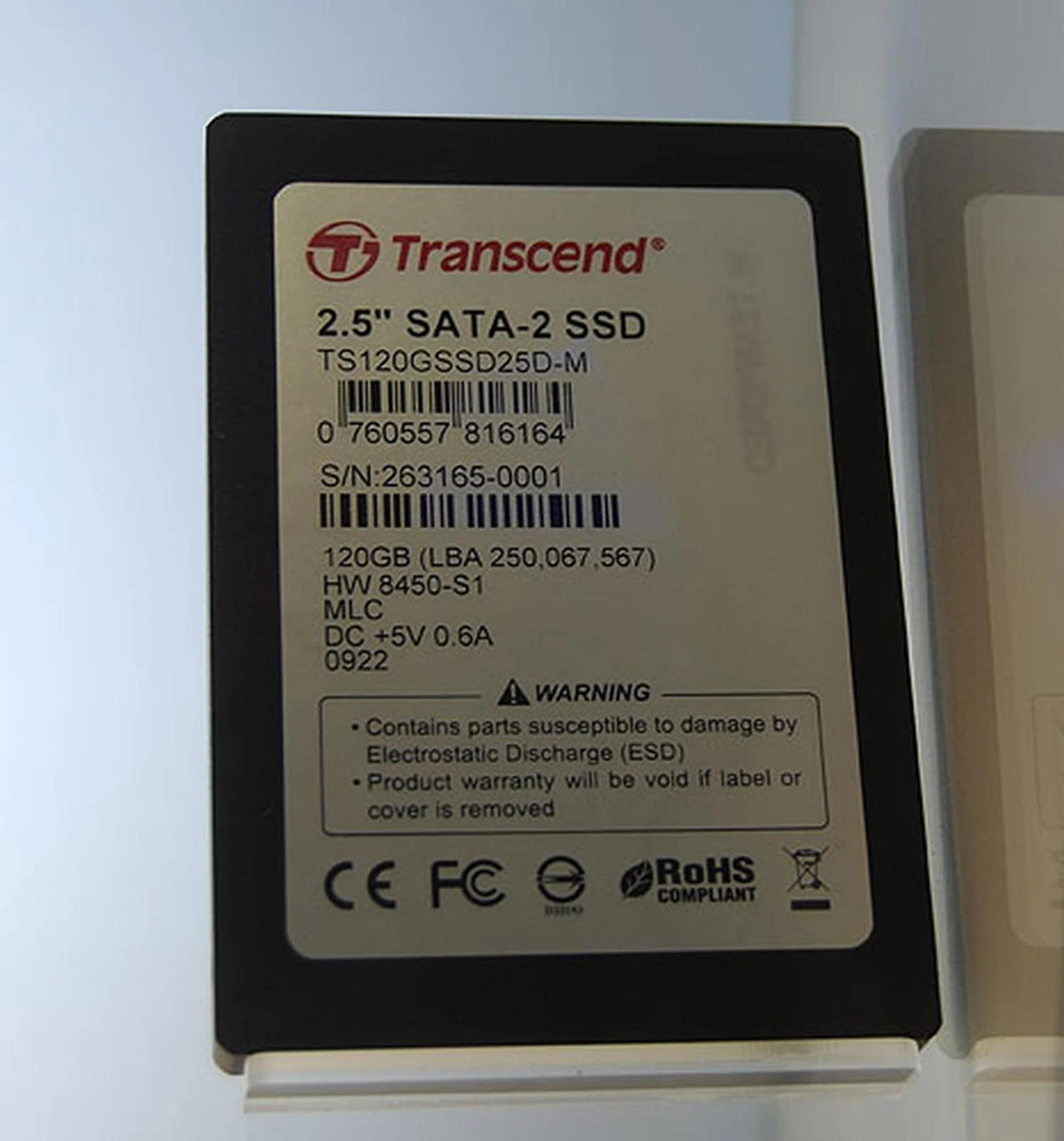  This is Transcend's 2.5-inch MLC SSD SATA hard drive with external DRAM buffer. It has a capacity of 120GB.  