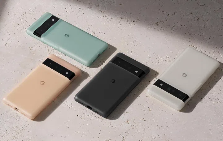 Pixel 6 Pro casings (L to R): Golden Glow, Soft Sage, Stormy Sky, Light Frost.