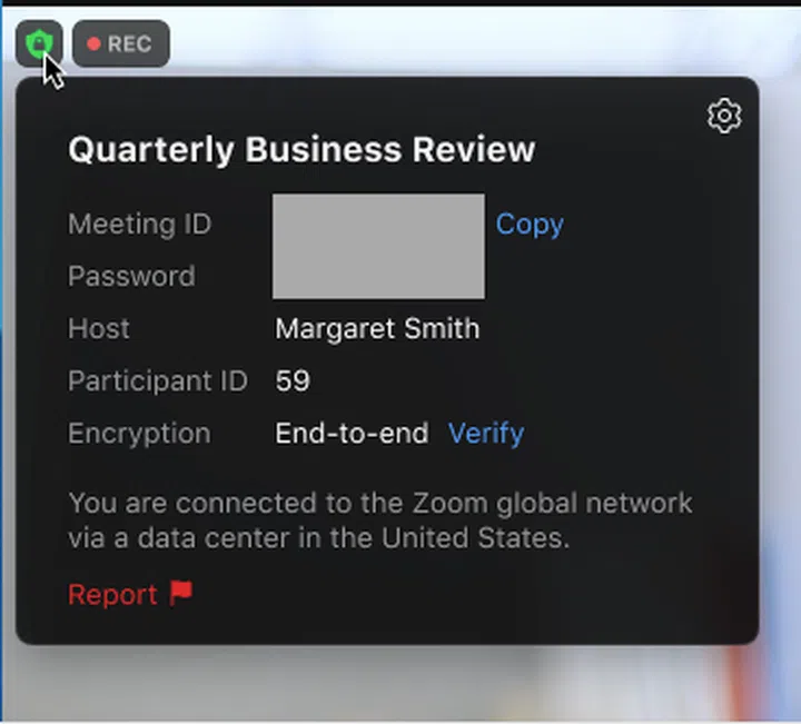 Participants can click here to report other disruptive participants during a meeting. Image courtesy of Zoom. 