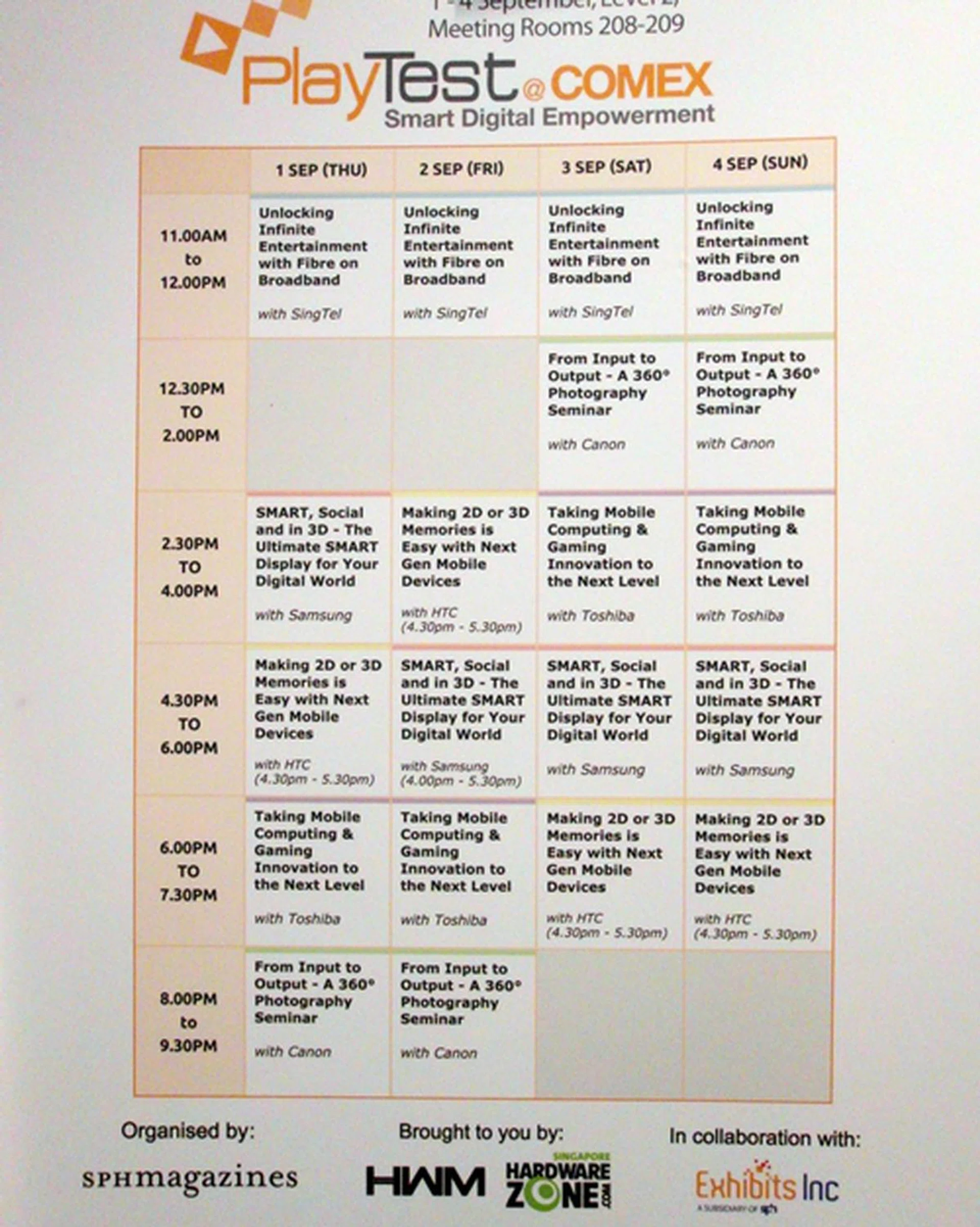 You can drop by our PlayTest booth for any of the talks scheduled during the four days at Comex 2011.
