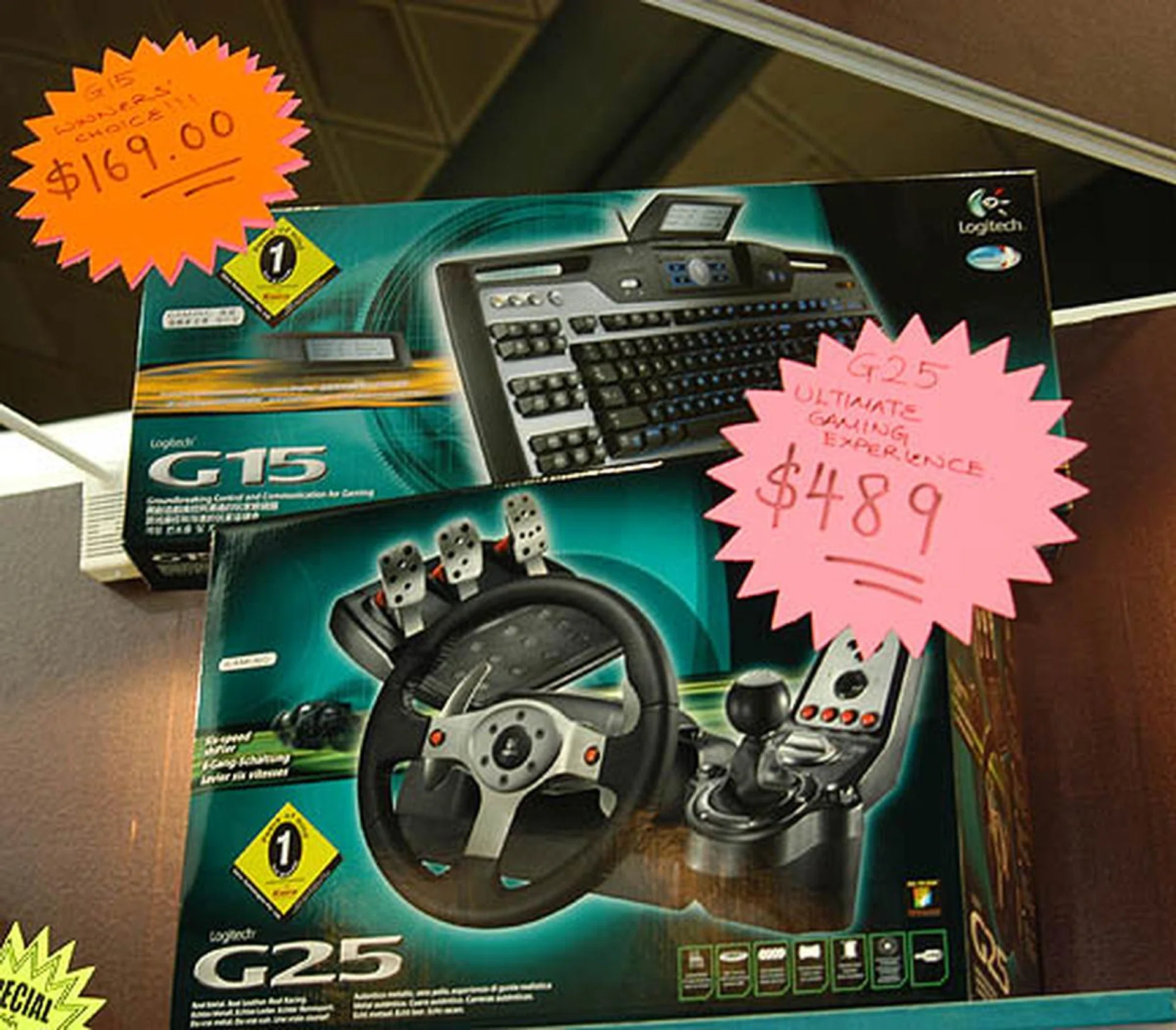  We had our doubts about the S$169 G15 keyboard bundle even though it 'came' with S$100 worth of goodies. Some would just prefer getting the keyboard on its own. Also spotted was Logitech's G25 wheel which was priced at a cool S$489.  