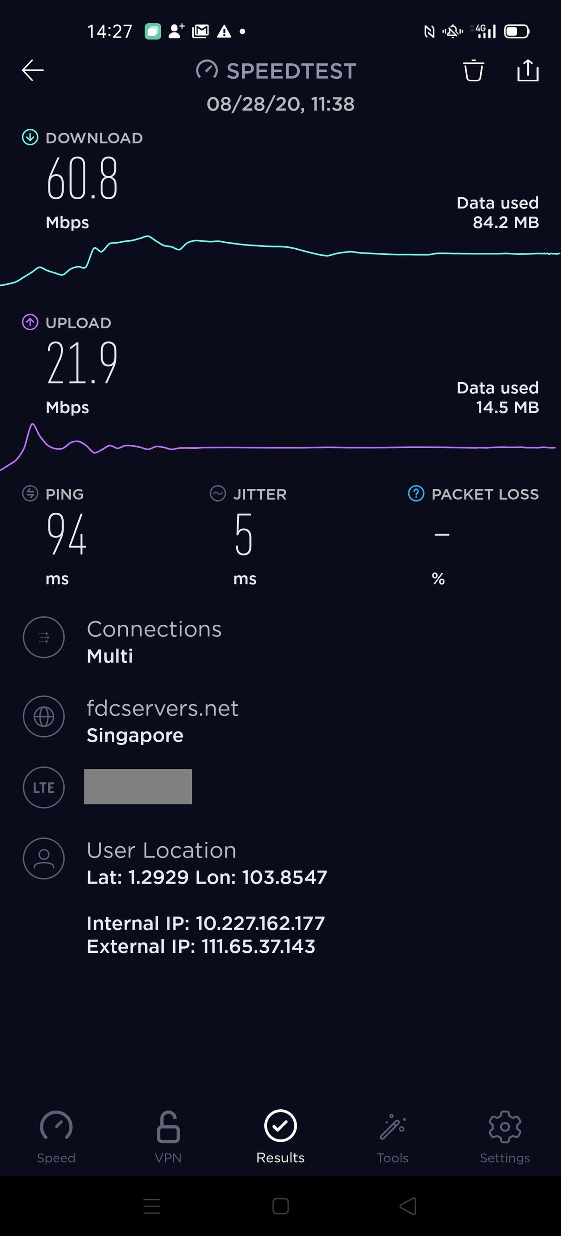 Competing 4G network, Test 1.
