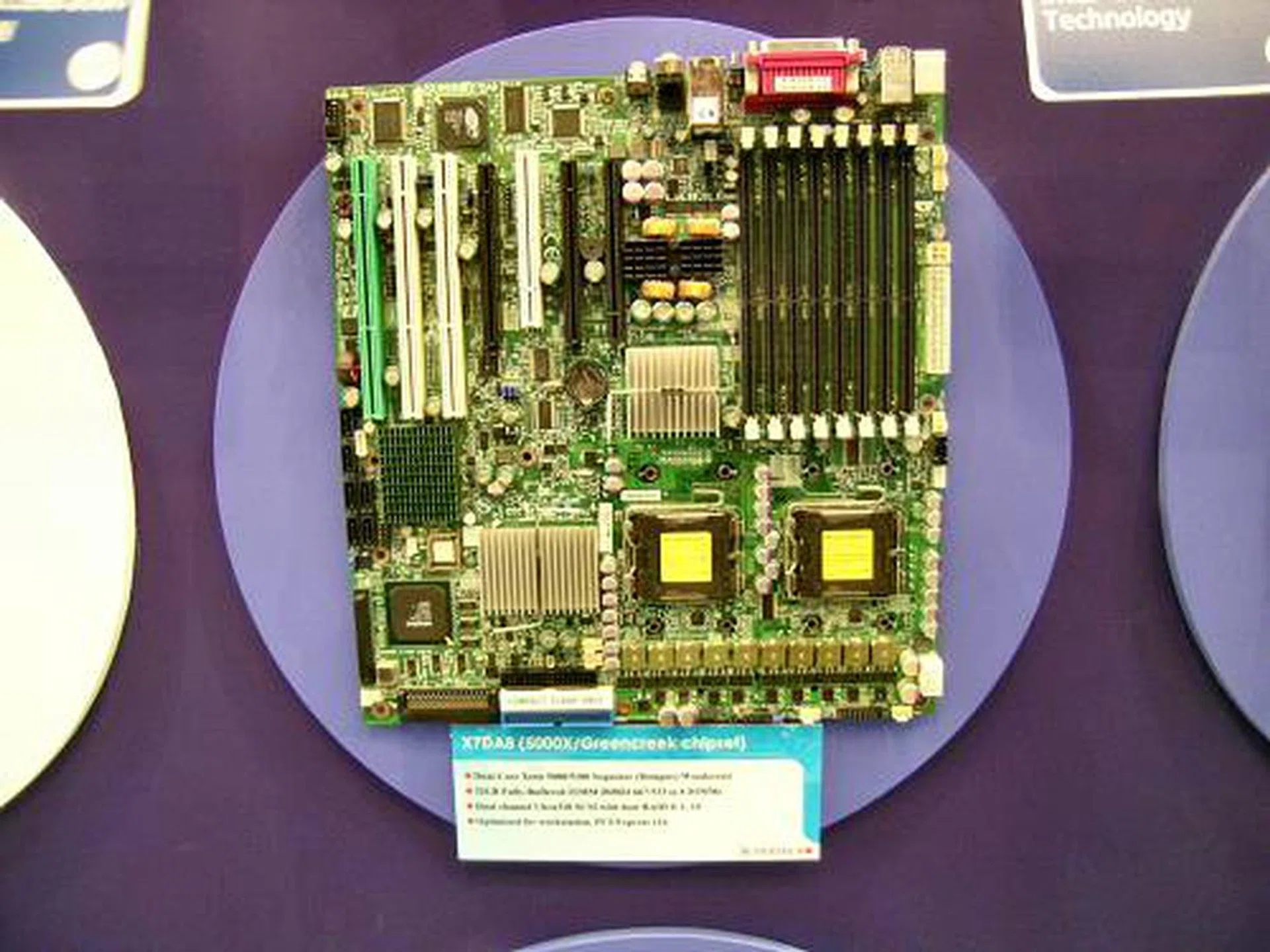 The X7DA8 on the other hand is a workstation class motherboard using the Greencreek 5000X chipset. The board will also support the Woodcrest processor, 32MB FB-DIMMs and has PCI Express expansion slots.