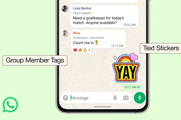 WhatsApp group chats support member tags, text stickers and event reminders.
