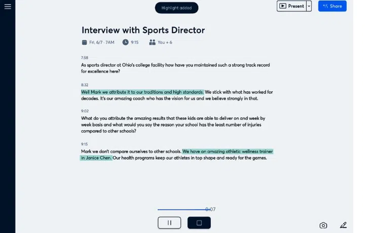 Users can highlight key points in a transcript. Image courtesy of Otter.ai