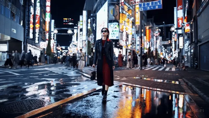 We converted this from an MP4 to a gif. the Prompt: A stylish woman walks down a Tokyo street filled with warm glowing neon and animated city signage. She wears a black leather jacket, a long red dress, and black boots, and carries a black purse. She wears sunglasses and red lipstick. She walks confidently and casually. The street is damp and reflective, creating a mirror effect of the colorful lights. Many pedestrians walk about.