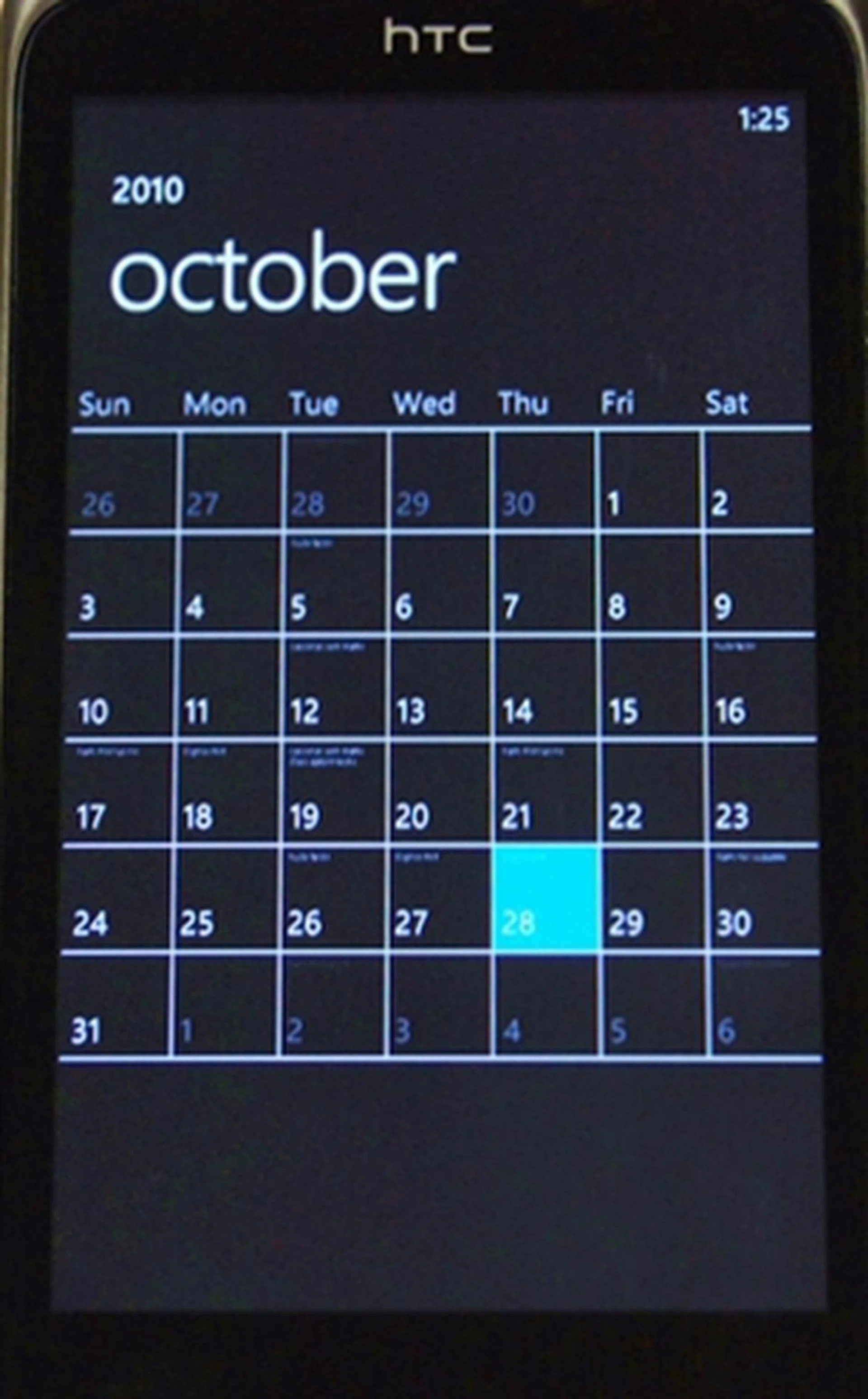 The month view gives you an overview of your schedule, so don't expect discernible details from the small fonts. Unfortunately, there's no pinch-to-zoom option.