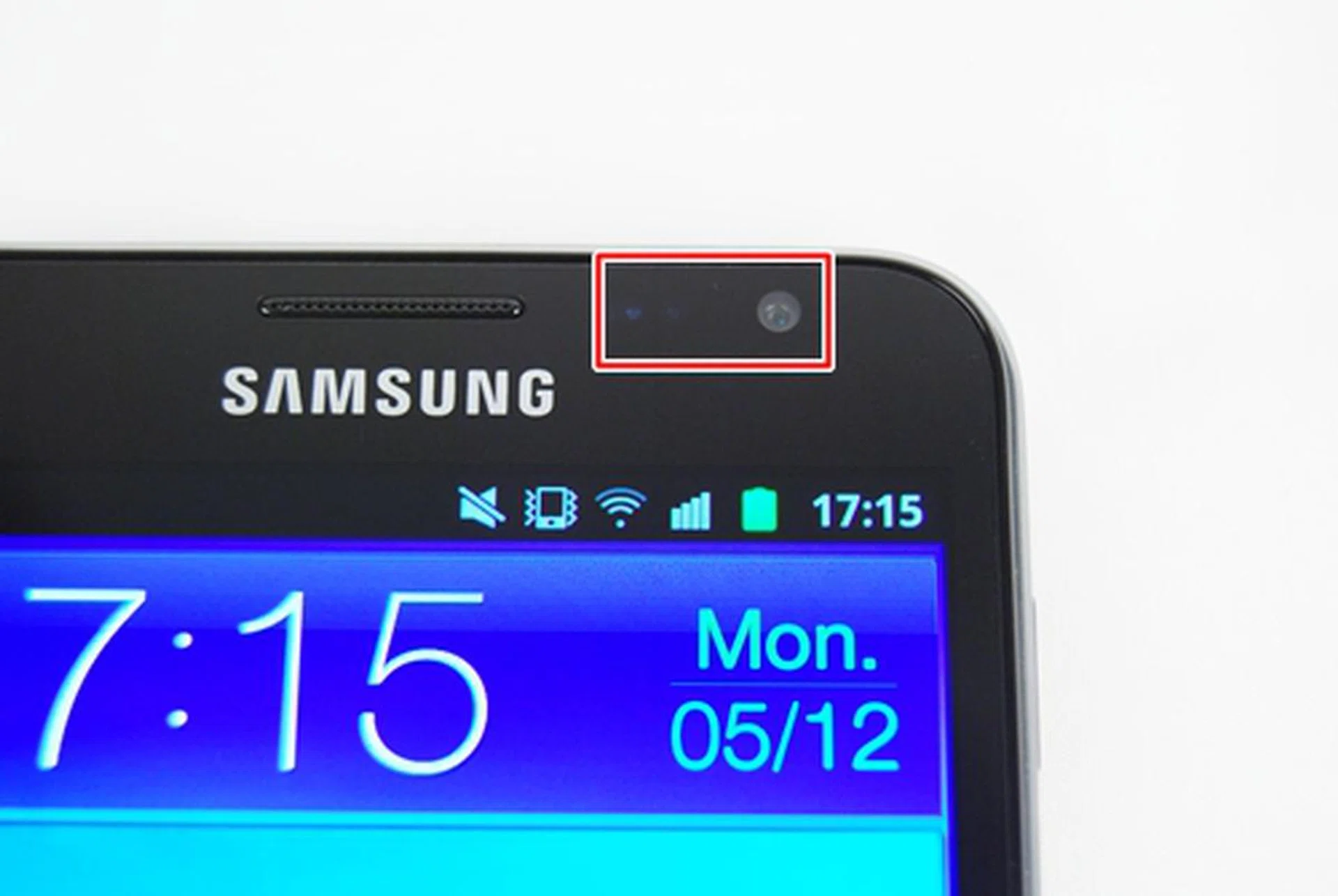 Above the top right corner of the front of the Samsung Galaxy Note are the ambient light sensor, proximity sensor and 2MP front-facing camera.