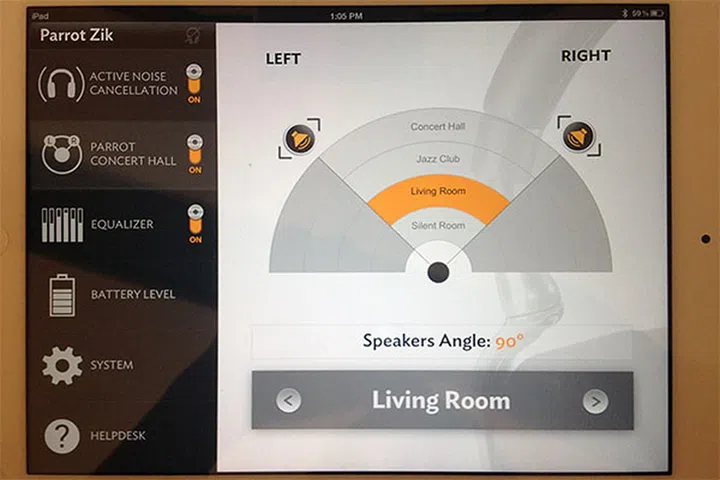 You can change the acoustics and spatialization thanks to the Parrot Audio Suite app.