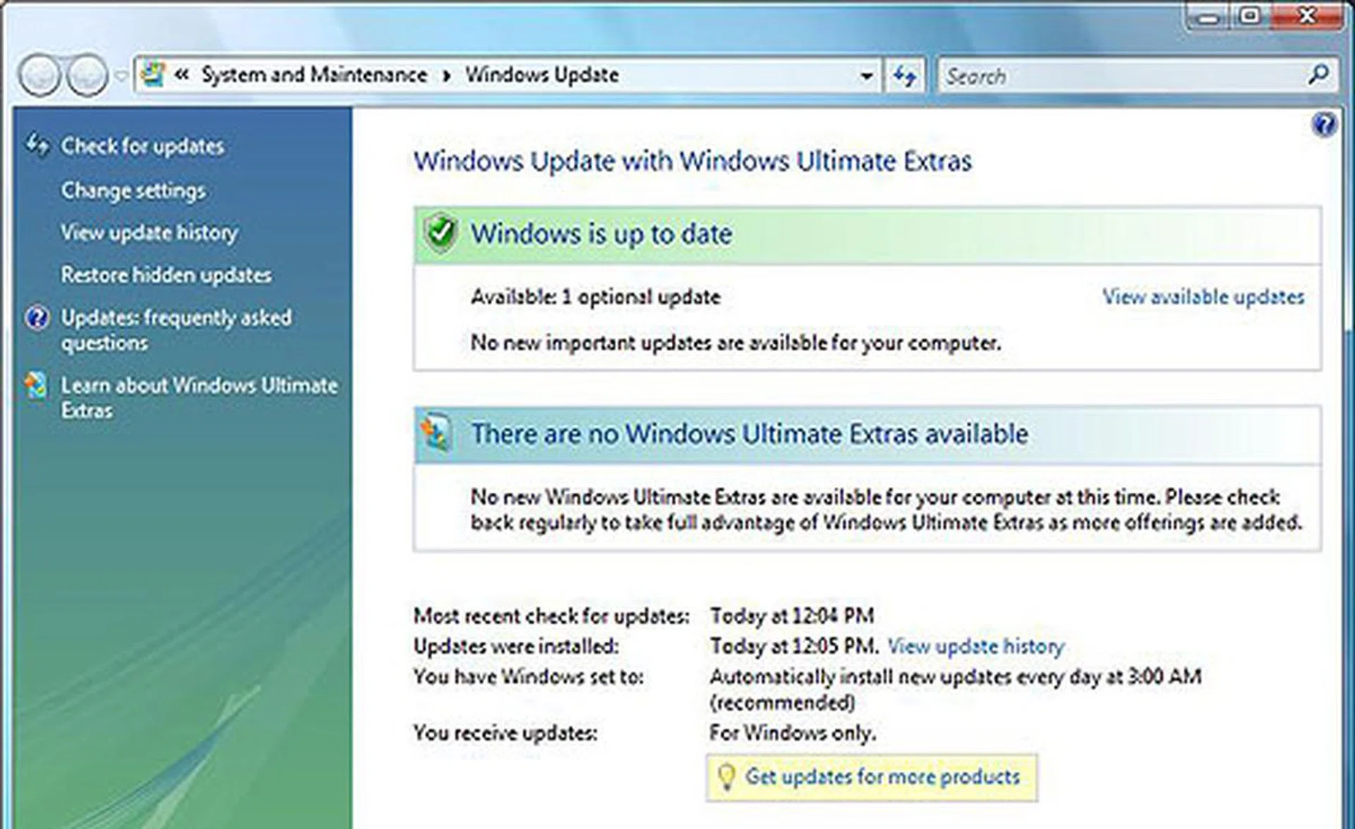 The new Windows Update interface in Windows Vista.