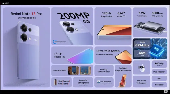 The Redmi Note 13 Pro. Take note that this is the non-5G model sporting a Mediatek Helios processor. The version coming to Singapore is a 5G edition sporting a Qualcomm Snapdragon 7s Gen 2. (Click to view a larger image)