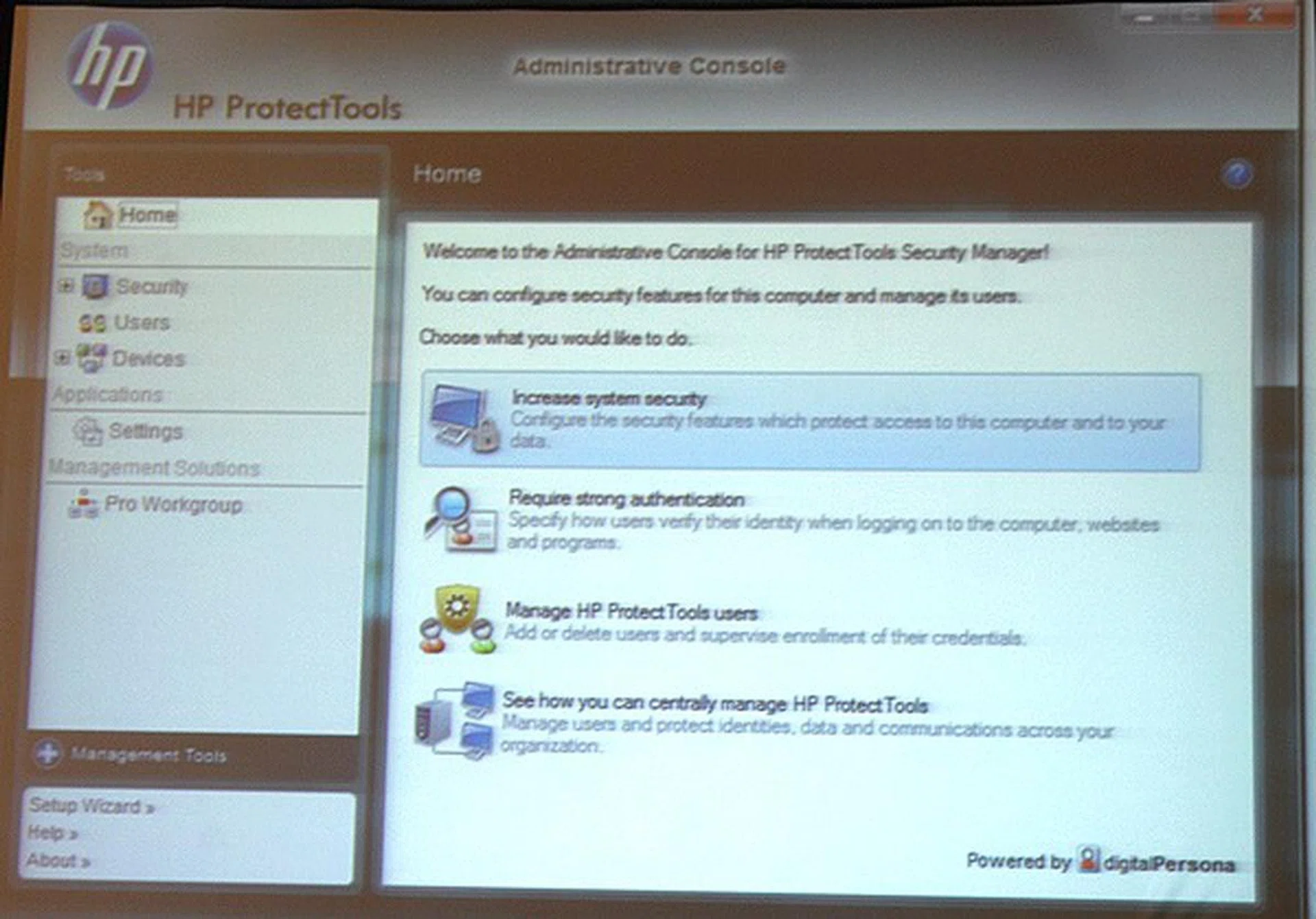 The main HP ProtectTools software manager.