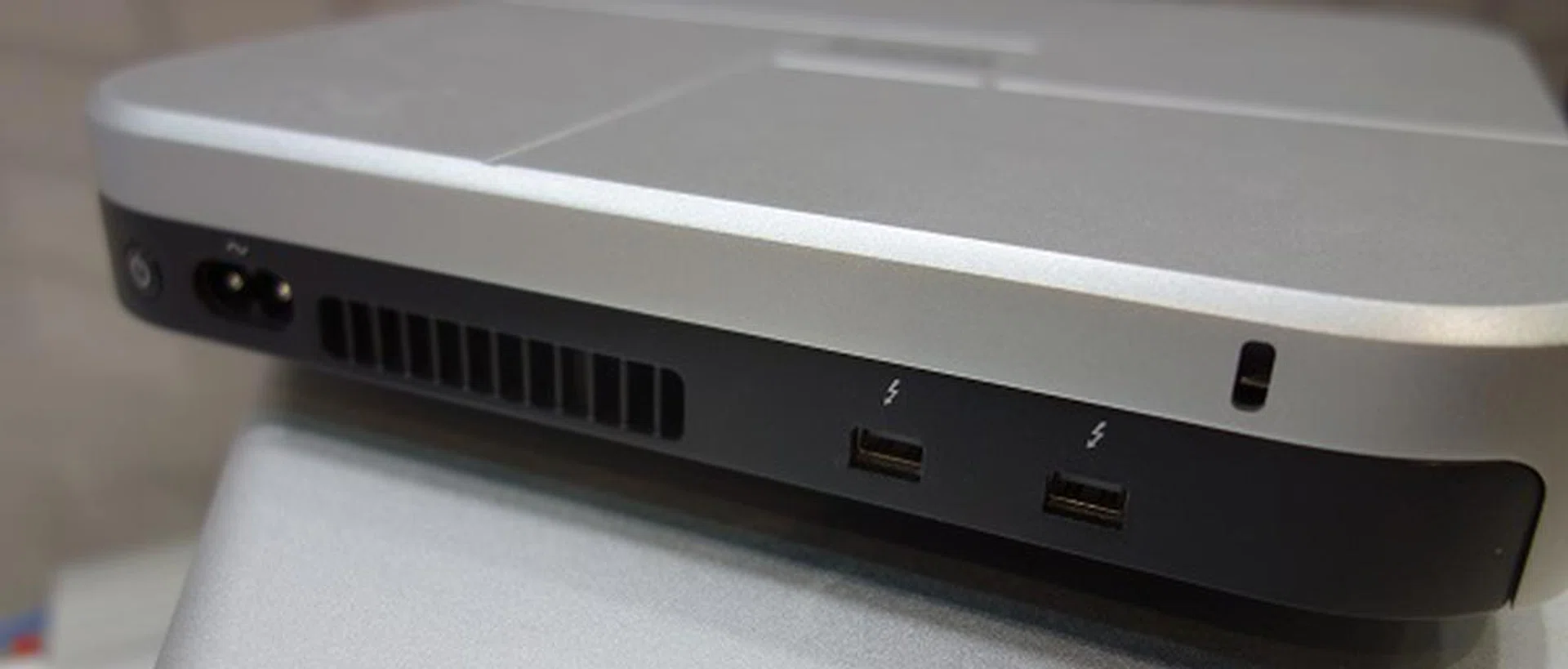 At the rear of the Pegasus J4: Dual Thunderbolt ports.