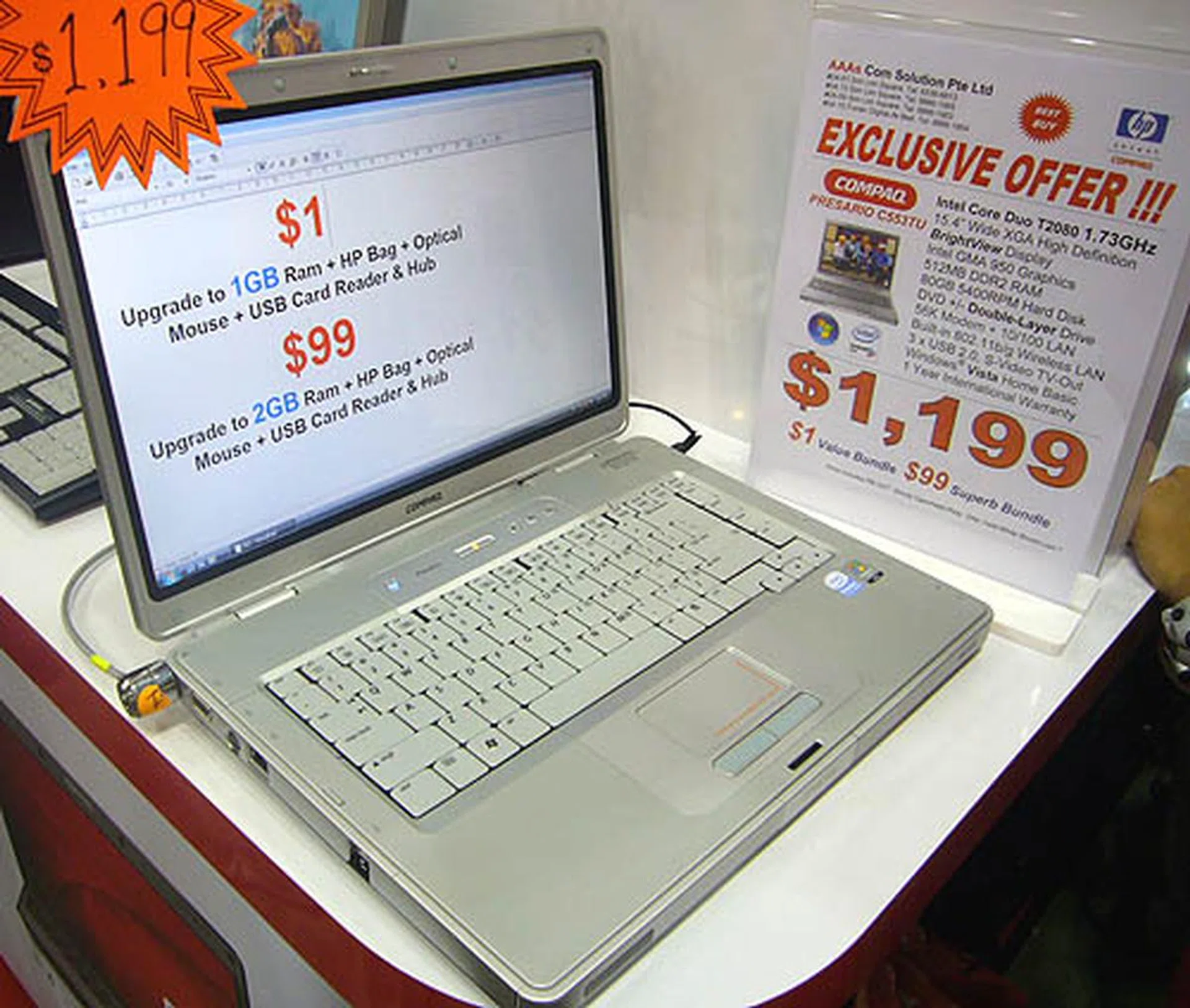  For budget users, this Compaq notebooks looks like a good deal. The specifications are obviously not cutting edge but you'll still get an Intel Core Duo processor, 80GB hard drive and a DVD writer. We bet everyone would also take advantage of the upgrade offers available.  