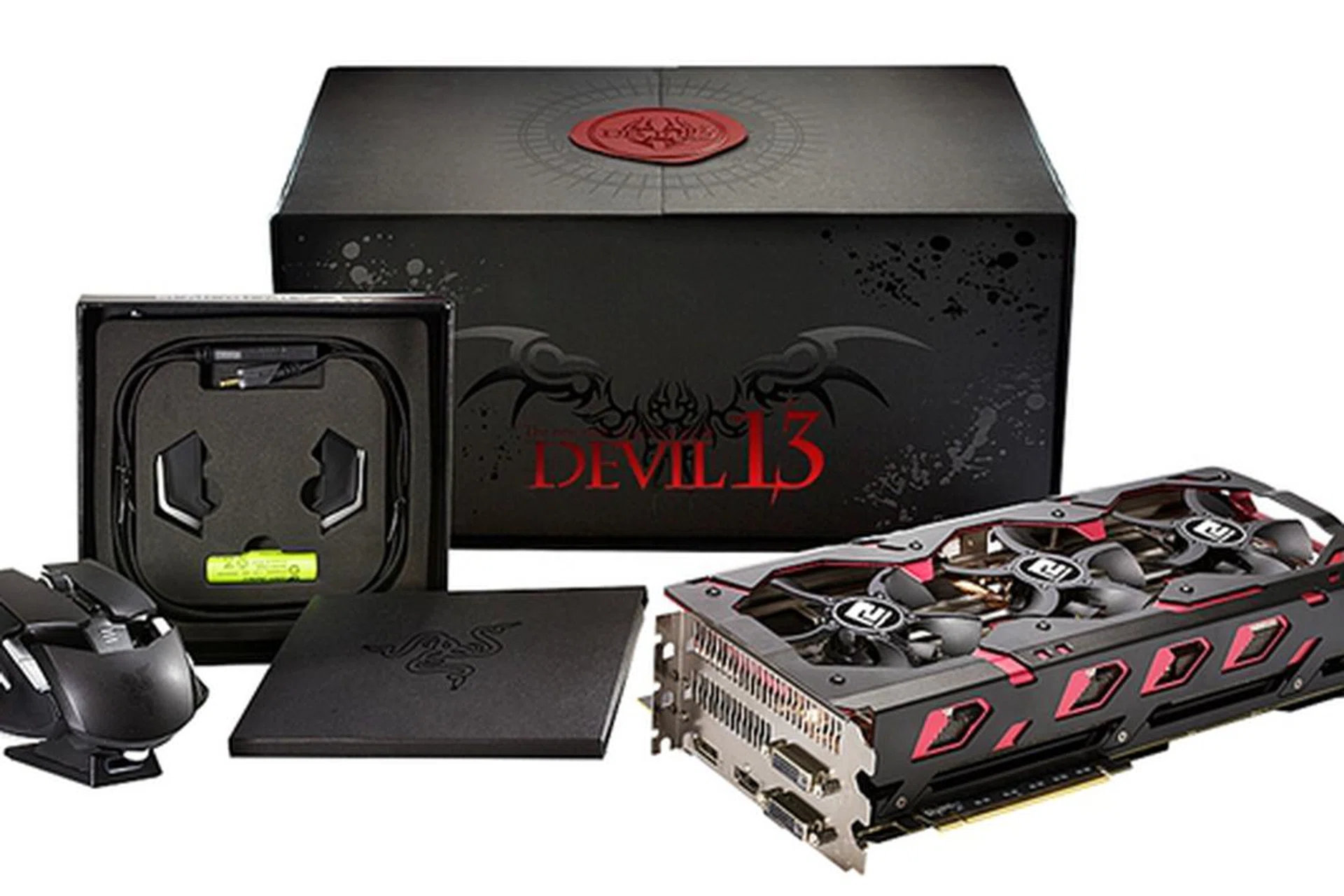 The entire contents from the package of the Devil 13 Dual Core R9 390. (Image source: PowerColor)