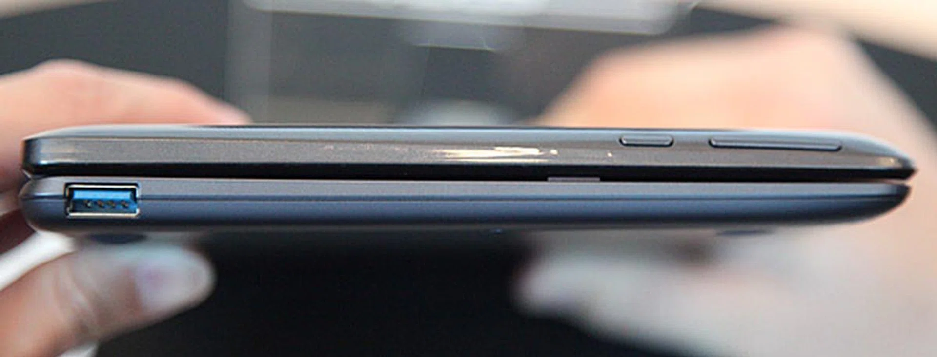 The thickness of the base and tablet are about the same. Also, the USB 3.0 port is located on the base of the device.