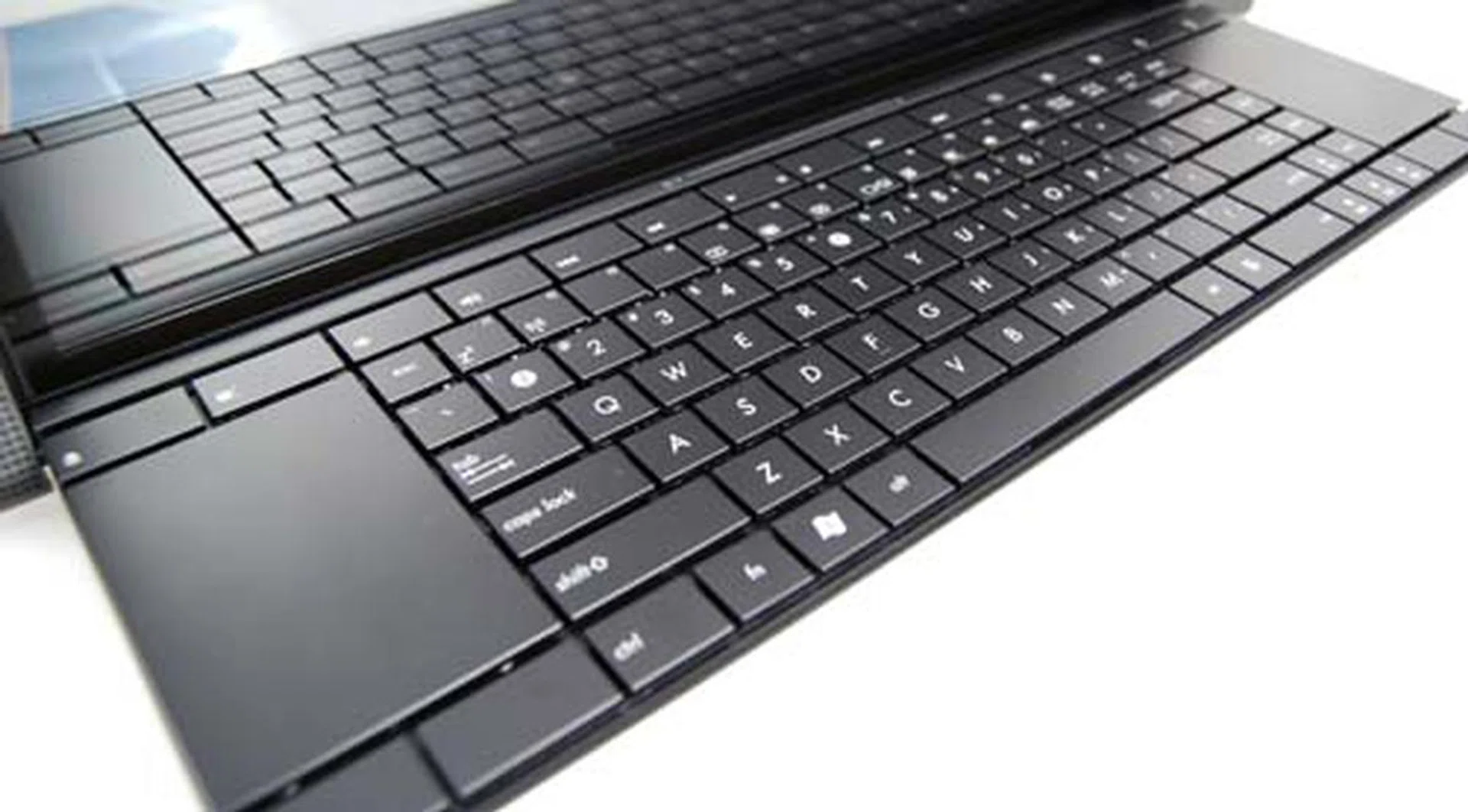 The keys are laid out in an isolated style, and the trackpads are located on both ends instead of below the keyboard.