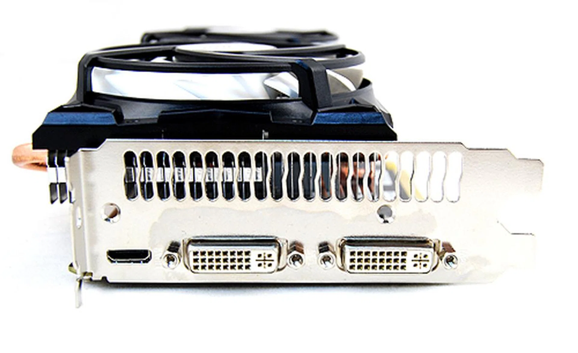 The card has the usual twin DVI ports and single mini-HDMi port. Note also the sheer thickness of the card.