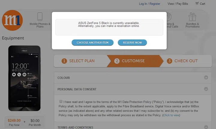 M1 has an option for consumers to purchase the ASUS ZenFone 5 without line contract, but both the black and white models are currently unavailable. <br> Image source: M1