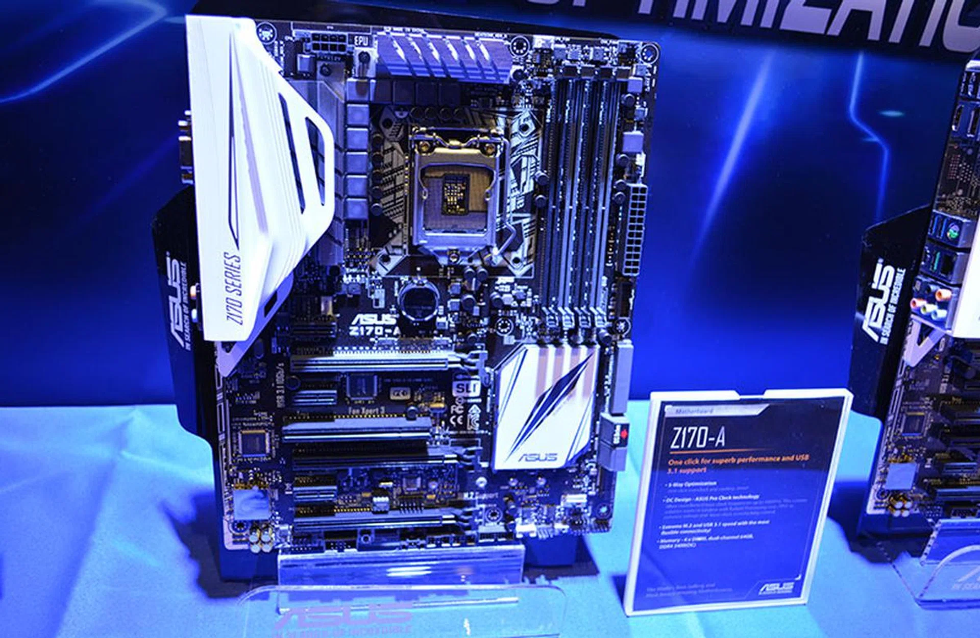 The ASUS Z170-A motherboard sports a similar design and color scheme as the Deluxe.