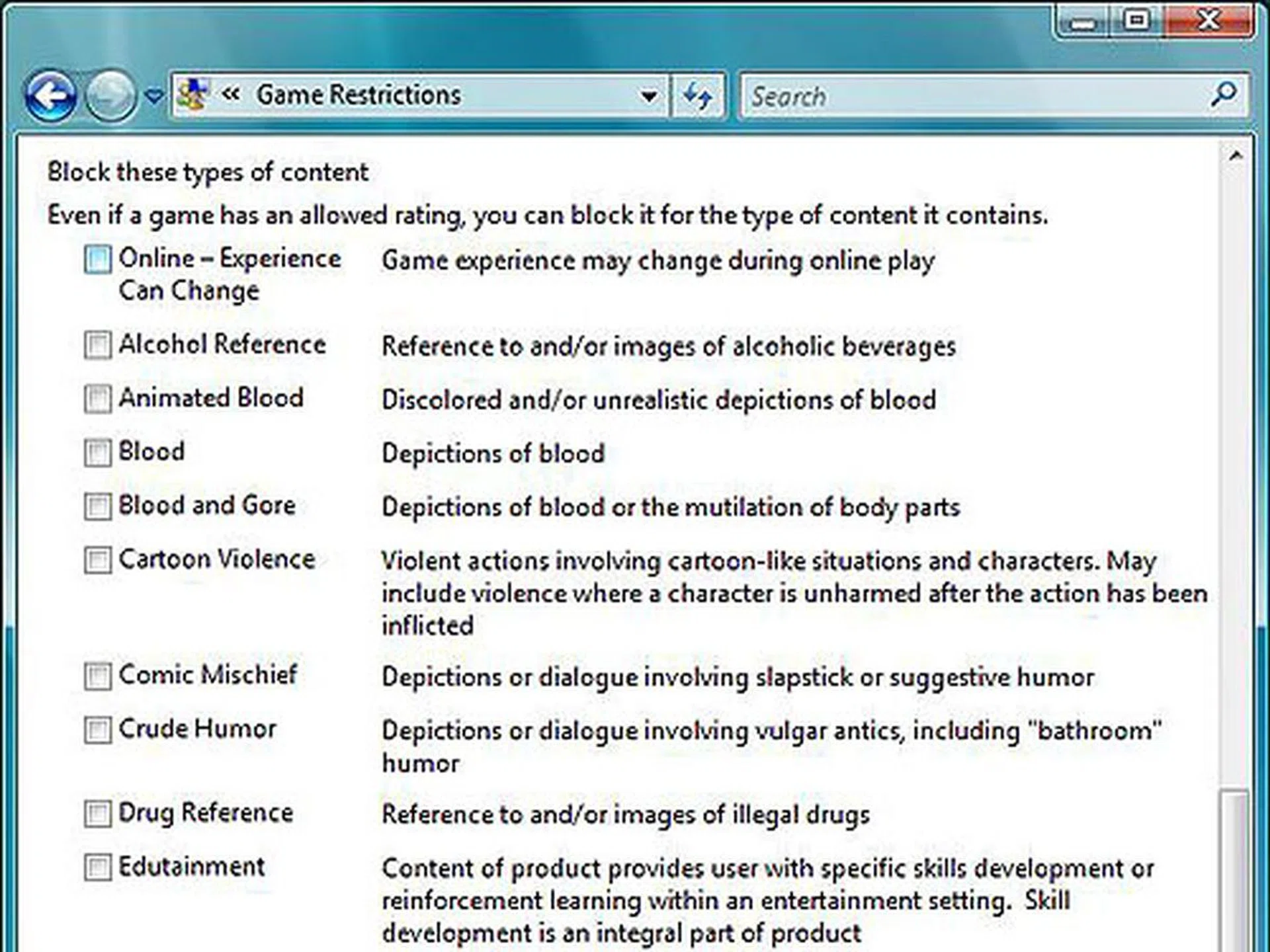 In addition to ESRB ratings, you can further customize the games to lock out for your child that are related to the following content options.