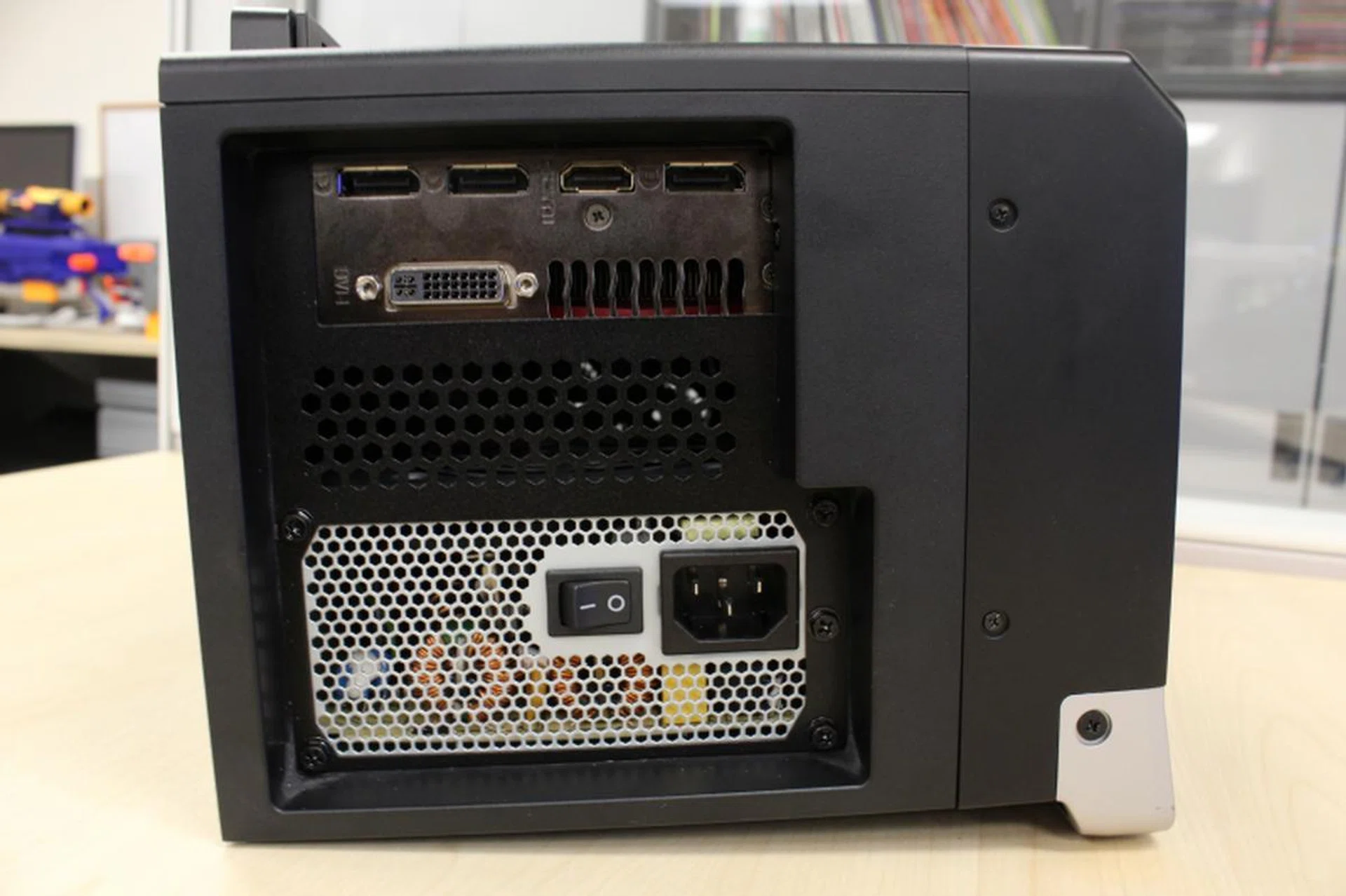 The DisplayPorts with the lone HDMI port sandwiched in between. Why the DisplayPorts aren't arranged in a row is anybody's guess.