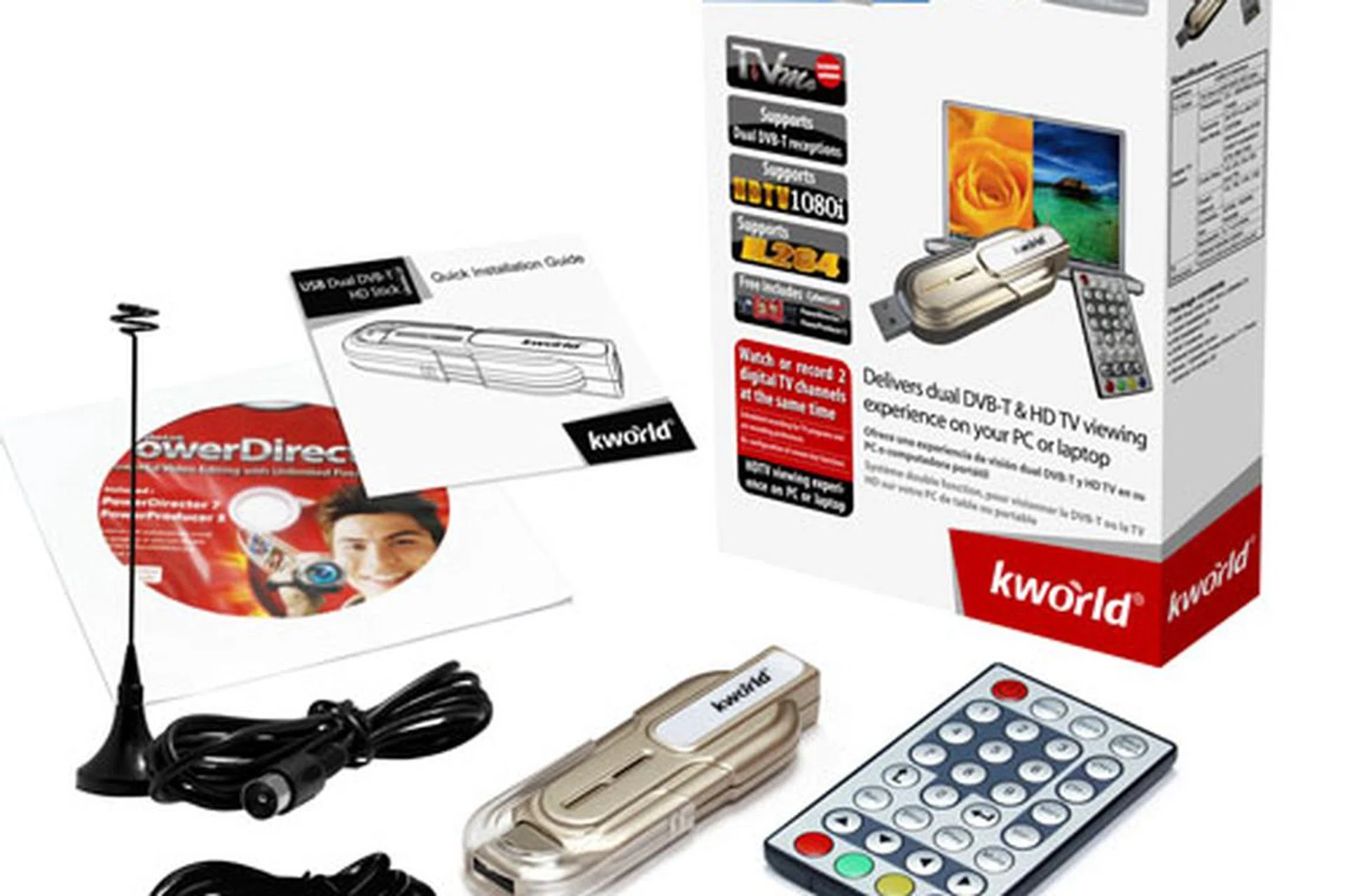 Inside the package, you'll find the USB TV tuner stick along with accessories like a small remote, antenna and the bundled software.