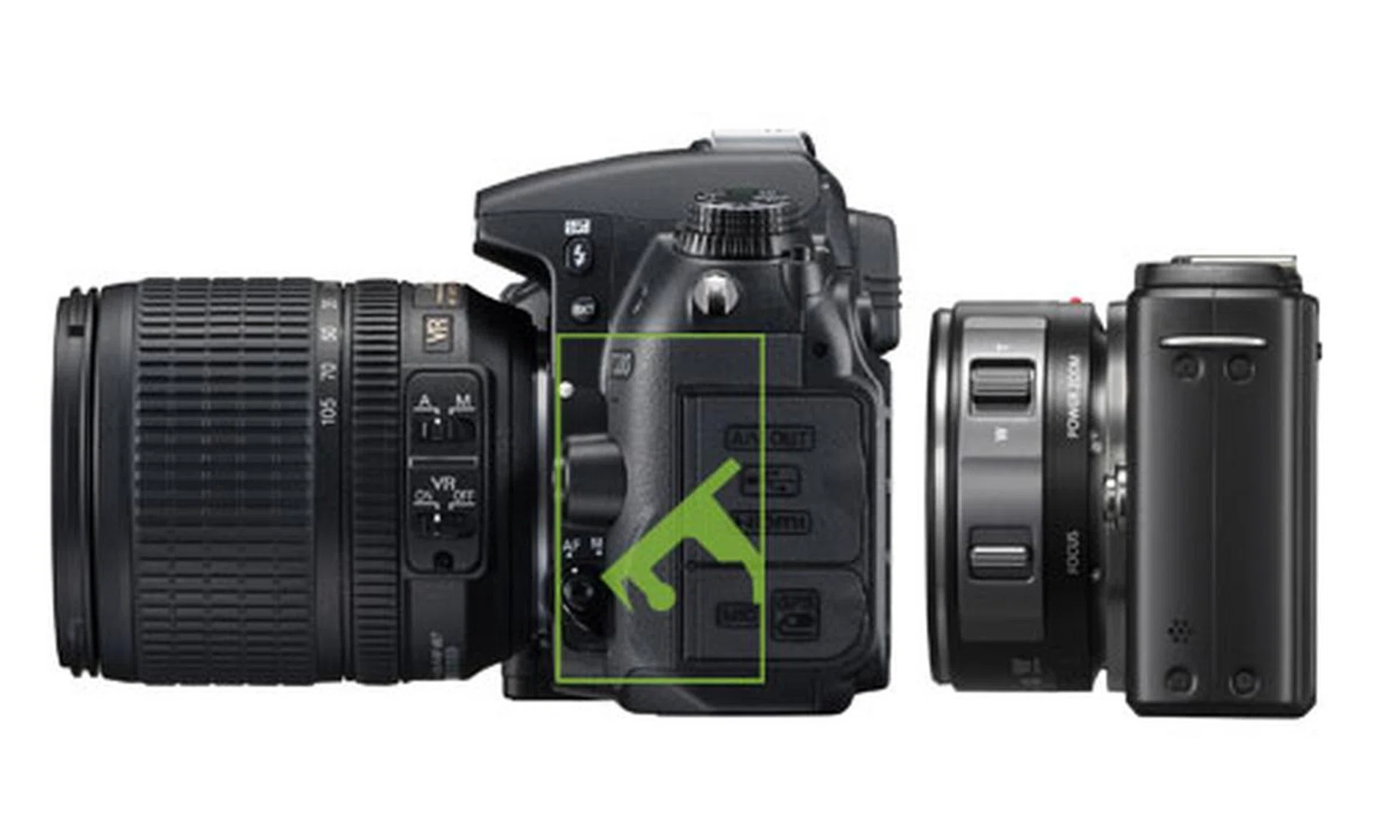 Traditional DSLR cameras have a mirror box component, which is absent from mirrorless system cameras, hence the name 'mirrorless' and their smaller sizes (illustration not to scale).