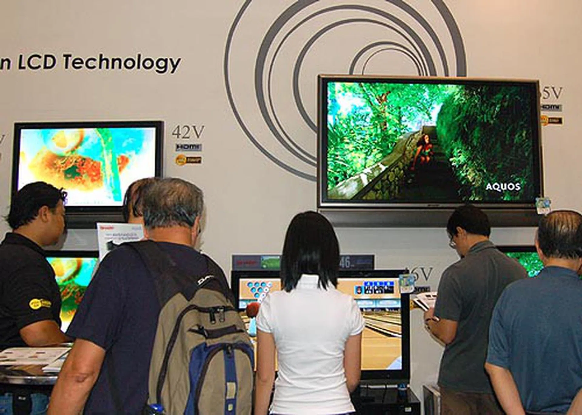  We could resist but to take a picture of Sharp's 65-inch LCD TV mounted at the top right hand corner. The 42-inch LCD TV by its side suddenly seems so small compared to the $29,999 monster.  