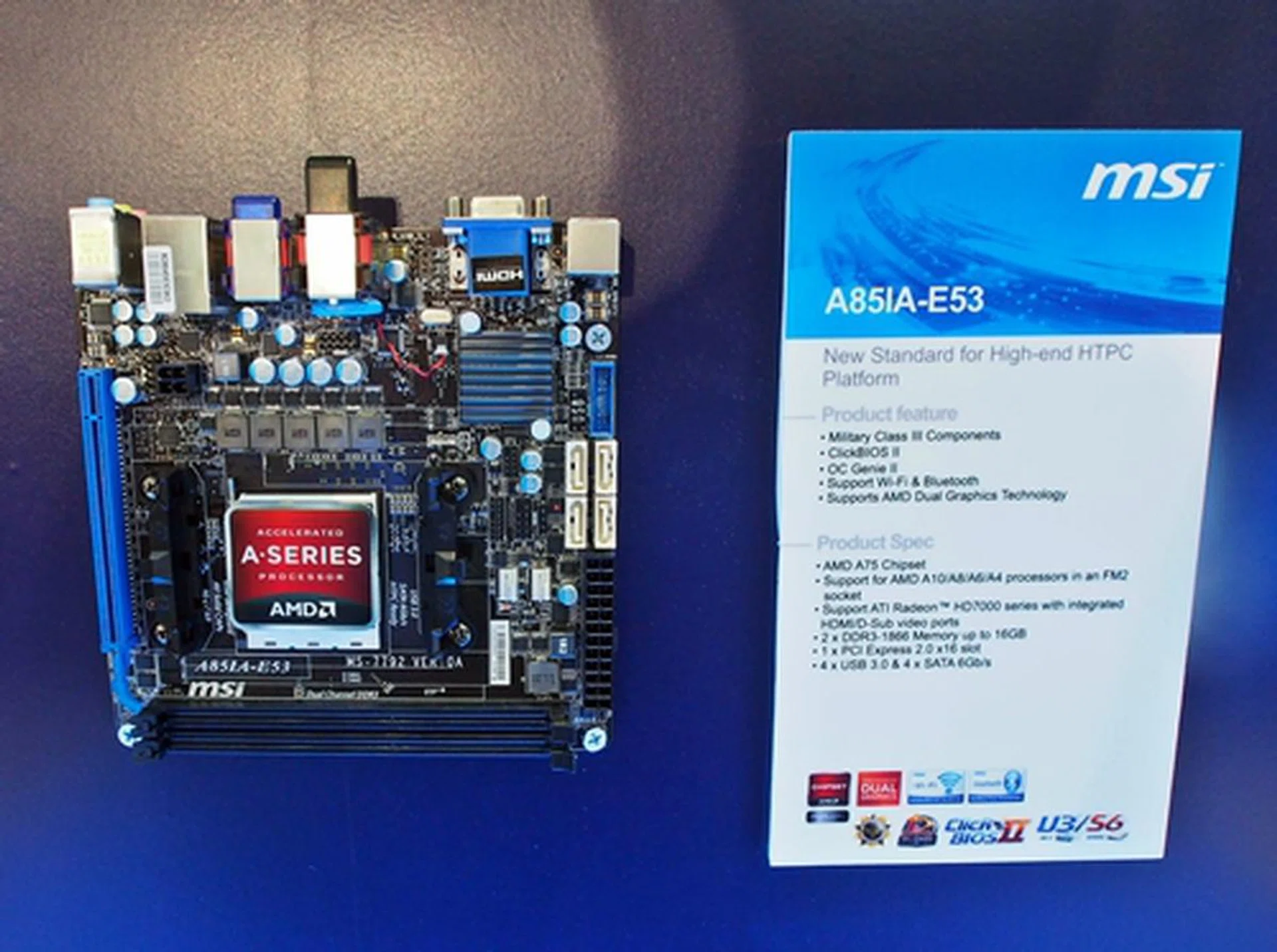 Unlike its naming scheme suggests, the MSI A85IA-E53 features the older AMD A75 chipset. Although it's only a mini-ITX board, it still boasts of respectable Military III Class components.