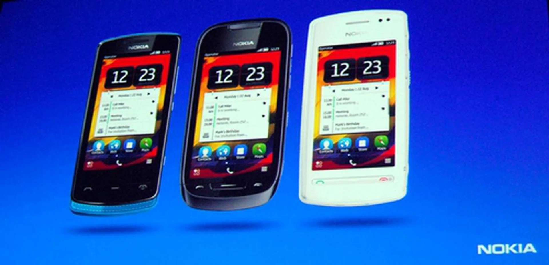 Unveiled at the event were the Nokia 700, Nokia 701 and Nokia 600 (left to right). Each device has a special characteristic: Nokia 701 being the smallest (in terms of volume), Nokia 701 having the brightest screen, and Nokia 600 being the loudest.