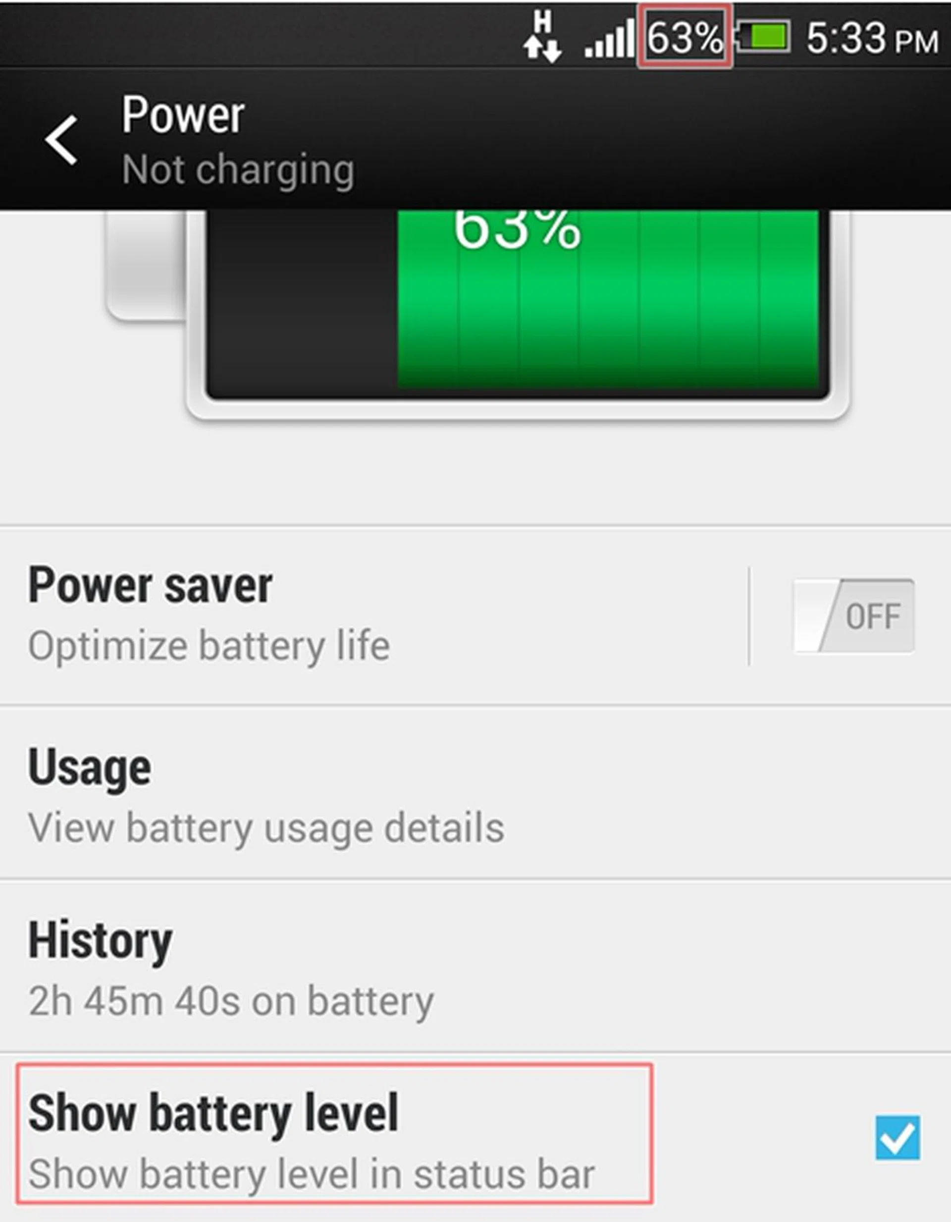 Battery level indicator on the status bar.